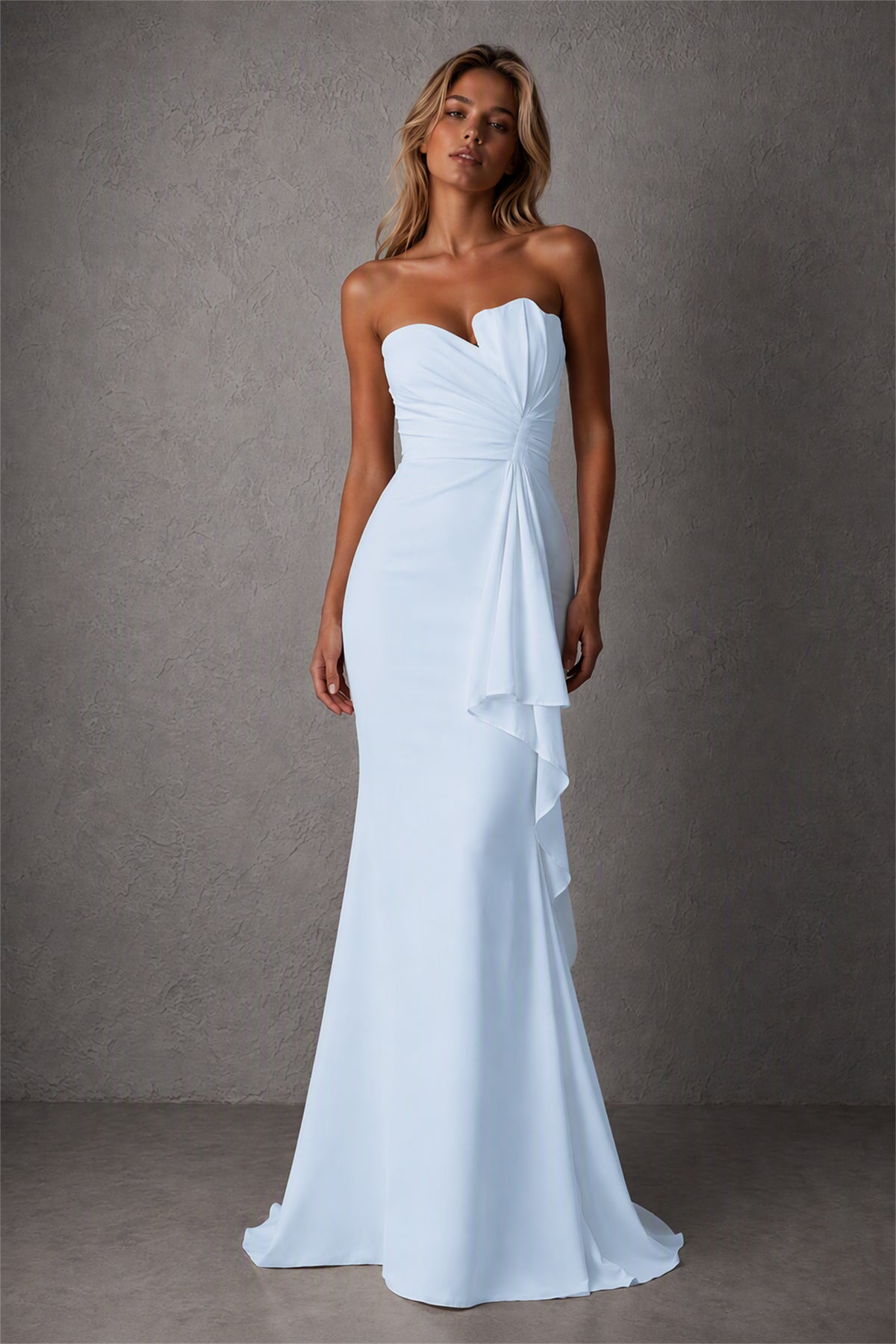BOLODOO Light Blue Strapless Sweetheart Ruched Mermaid Gown | Cascade Drape Formal Evening Dress - Light Blue