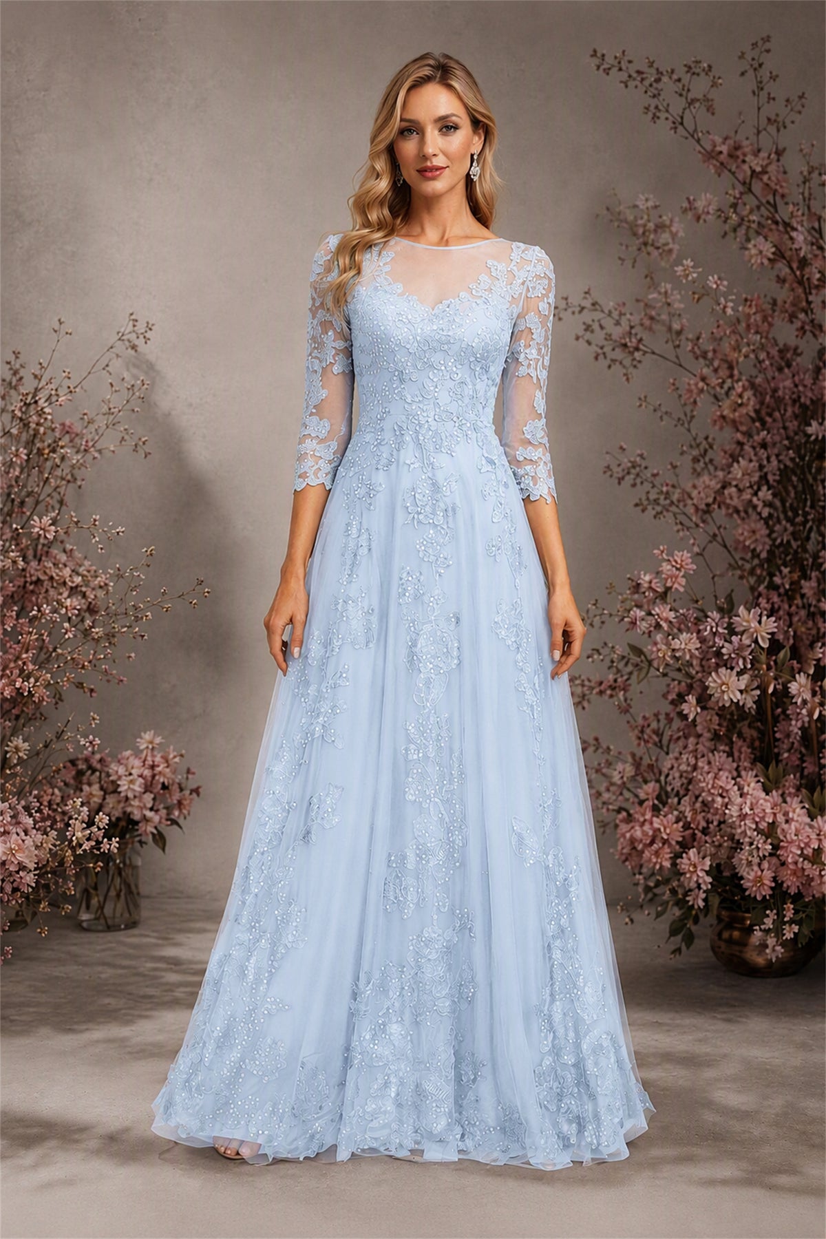 BOLODOO Light Blue Sequin Lace 3/4 Sleeve Open Back Formal Evening Gown - Light Blue