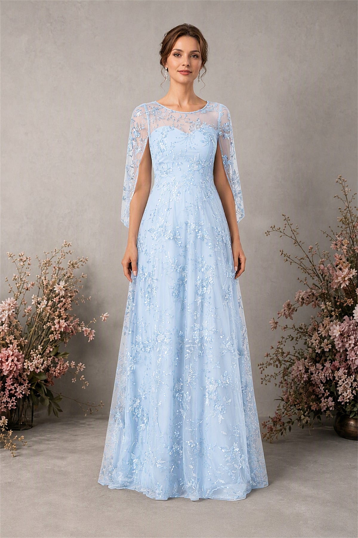 BOLODOO Light Blue Sequin Lace Cape Sleeve Formal Evening Gown - Light Blue