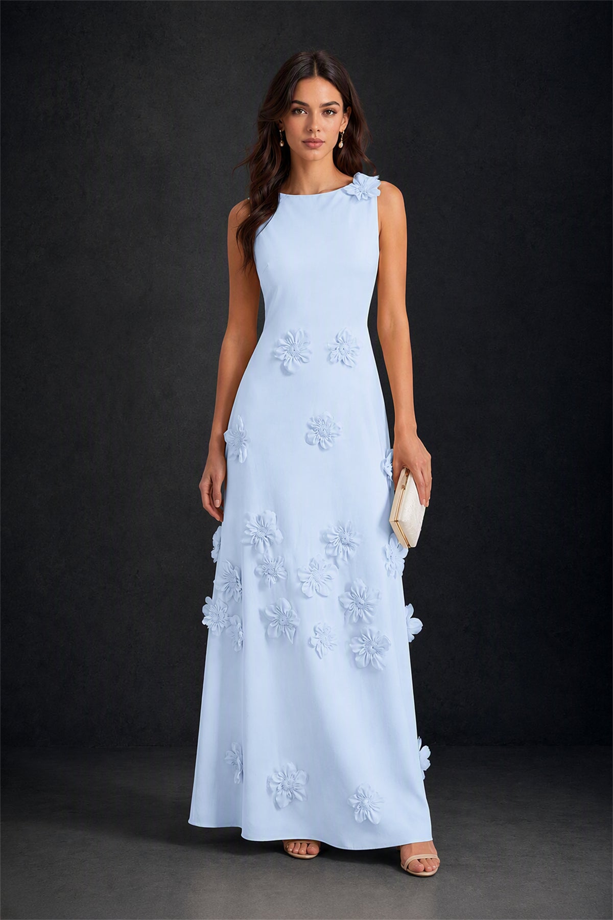 BOLODOO Light Blue 3D Floral Appliqué Sleeveless Maxi Dress - Light Blue