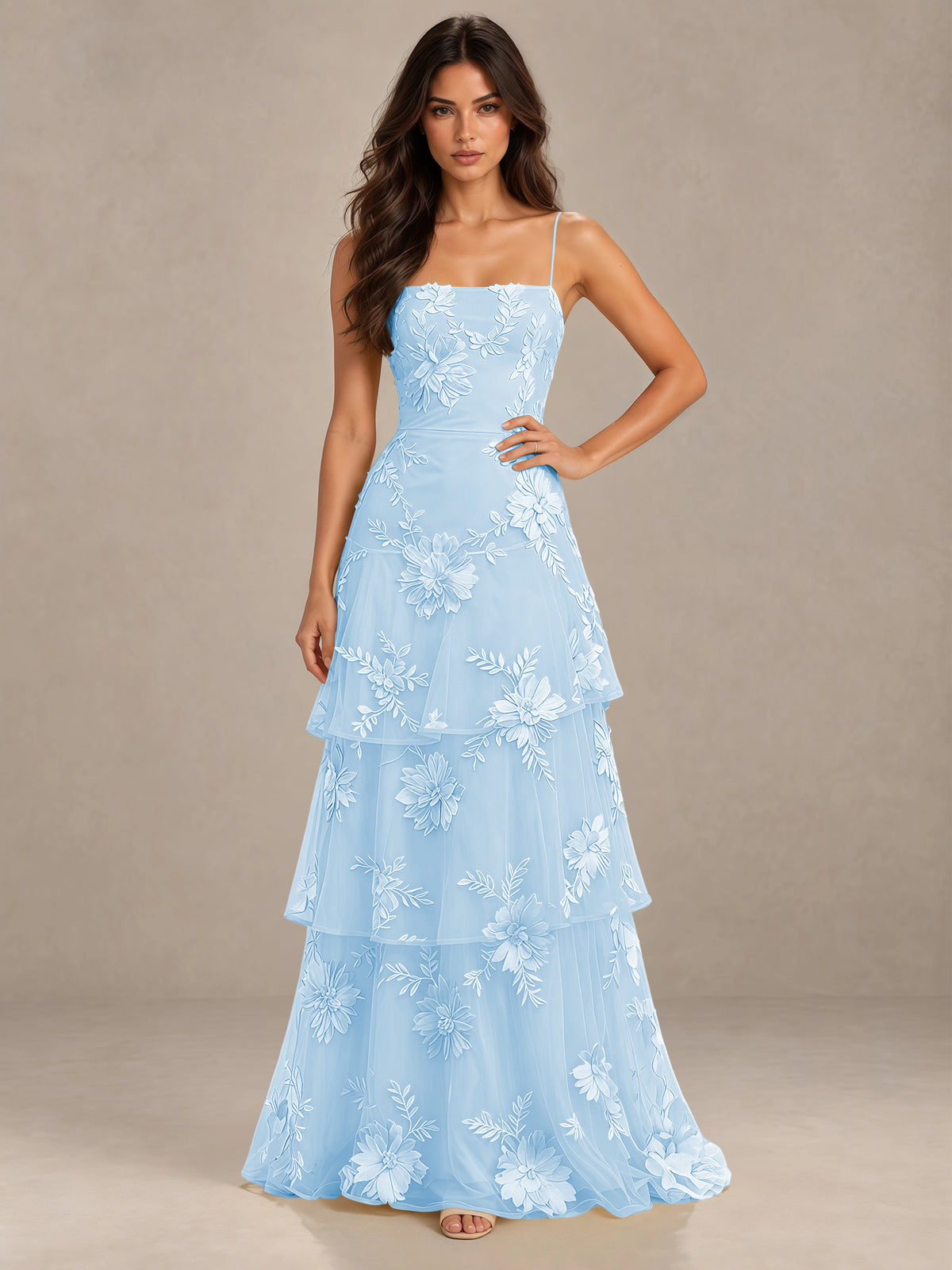 BOLODOO Light Blue Floral Applique Tiered Prom Dress with Lace-Up Back - Light Blue - Light Blue -1