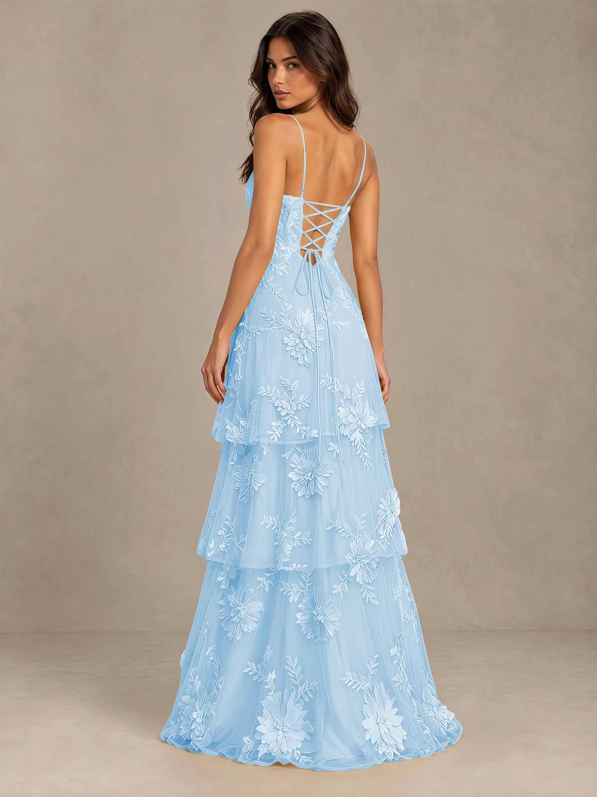 BOLODOO Light Blue Floral Applique Tiered Prom Dress with Lace-Up Back - Light Blue - Light Blue -2