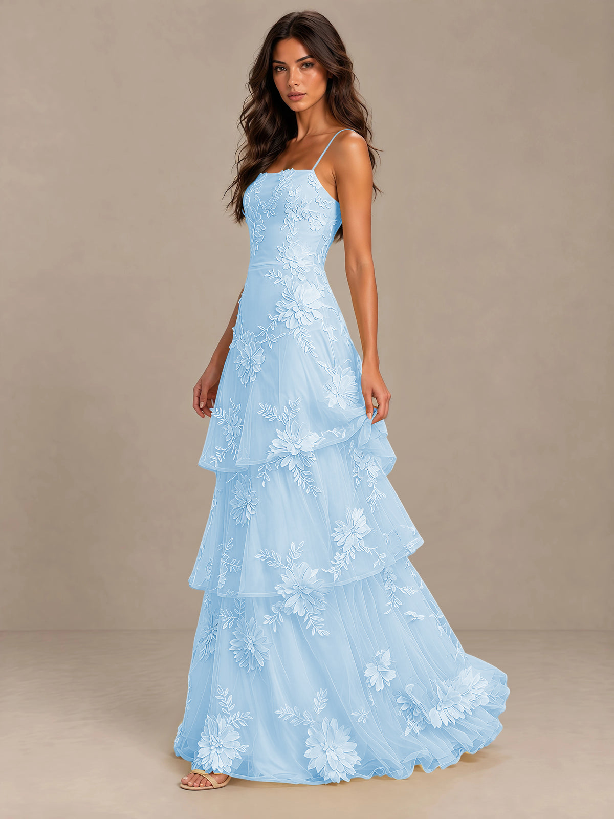 BOLODOO Light Blue Floral Applique Tiered Prom Dress with Lace-Up Back - Light Blue - Light Blue -3