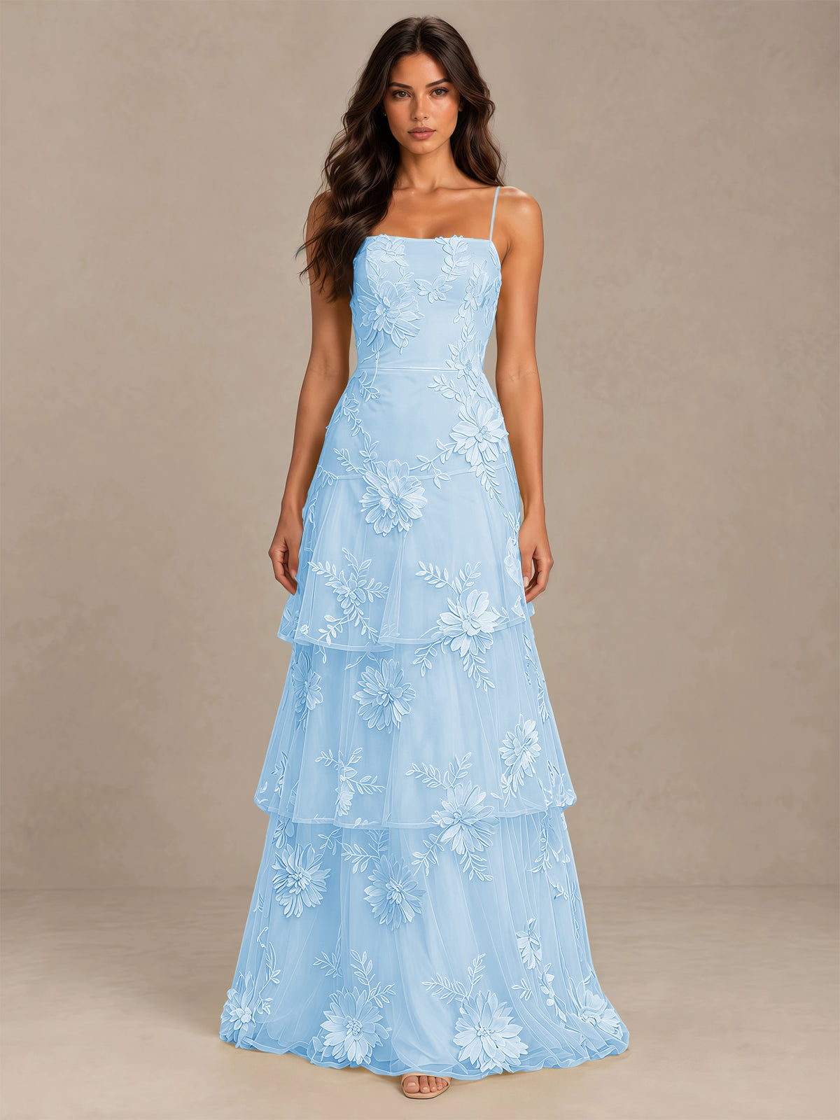 BOLODOO Light Blue Floral Applique Tiered Prom Dress with Lace-Up Back - Light Blue - Light Blue -4