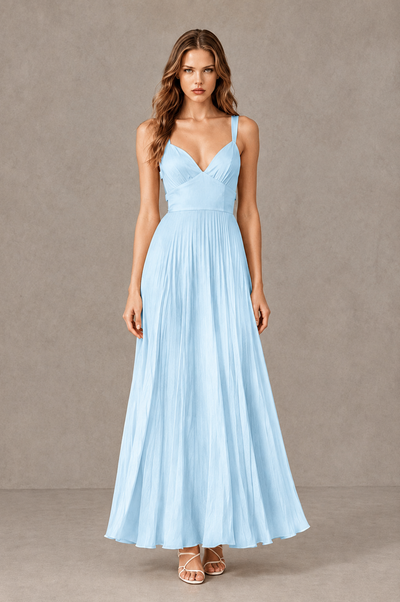 BOLODOO Light Blue V-Neck Pleated Open-Back Maxi Dress - Light Blue - Light Blue_01