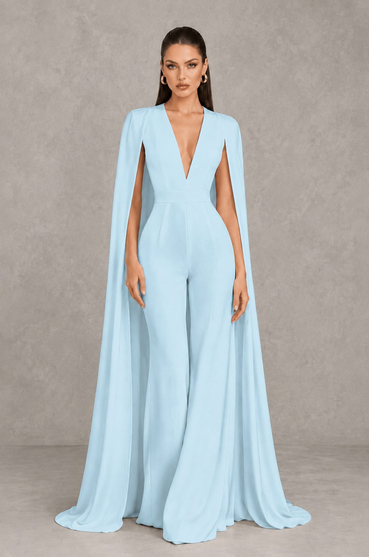 BOLODOO Light Blue Deep V-Neck Cape Sleeve Bridal Jumpsuit - Light Blue - Light Blue_01