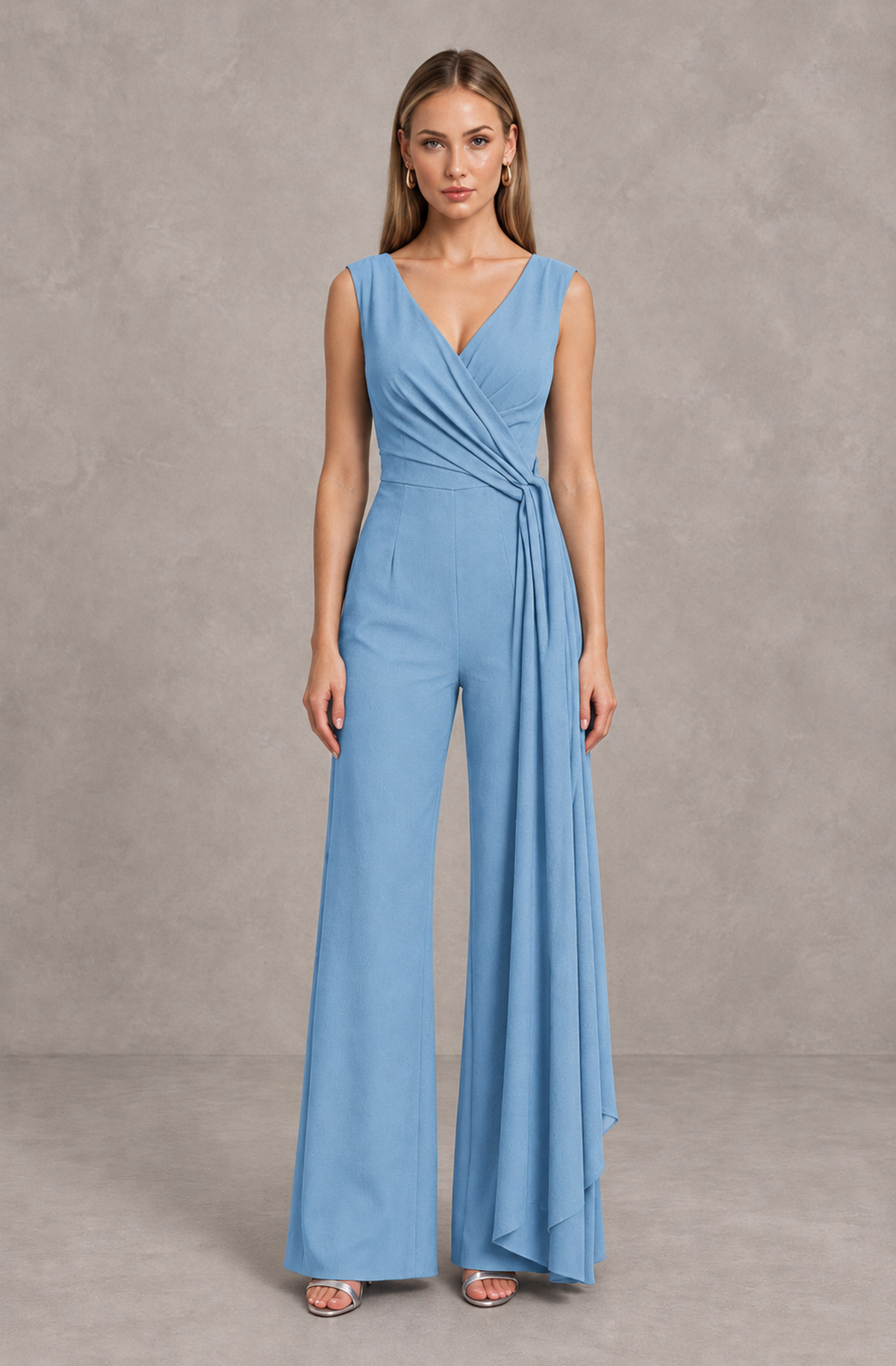 BOLODOO Light Blue Sleeveless V-Neck Wide-Leg Jumpsuit with Side Drape - Light Blue - Light Blue_01