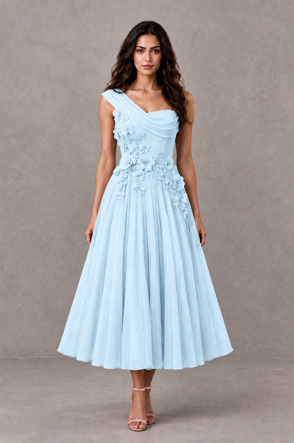 BOLODOO Light Blue One-Shoulder Floral Tulle Tea-Length Dress - Light Blue - Light Blue_01