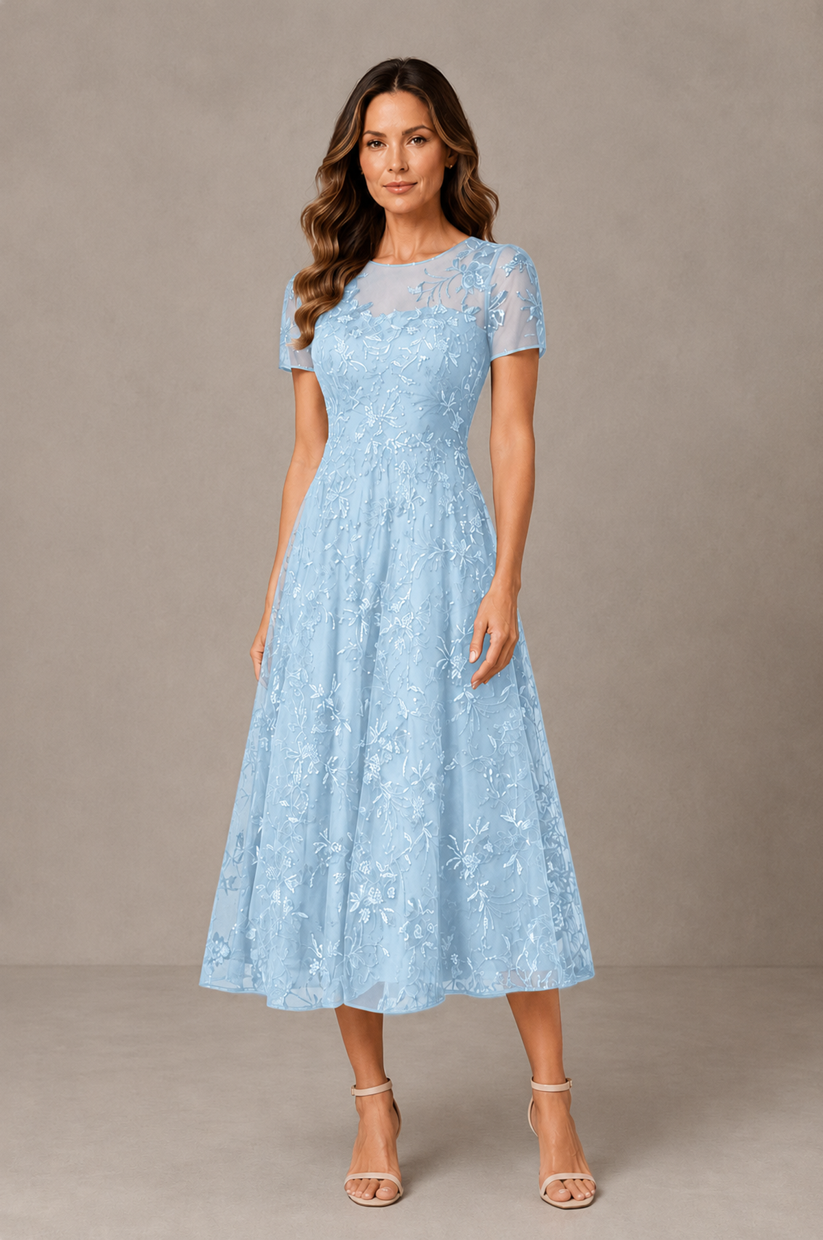 BOLODOO Light Blue Textured Floral A-Line Dress with Short Sleeves - Light Blue - Light Blue_01