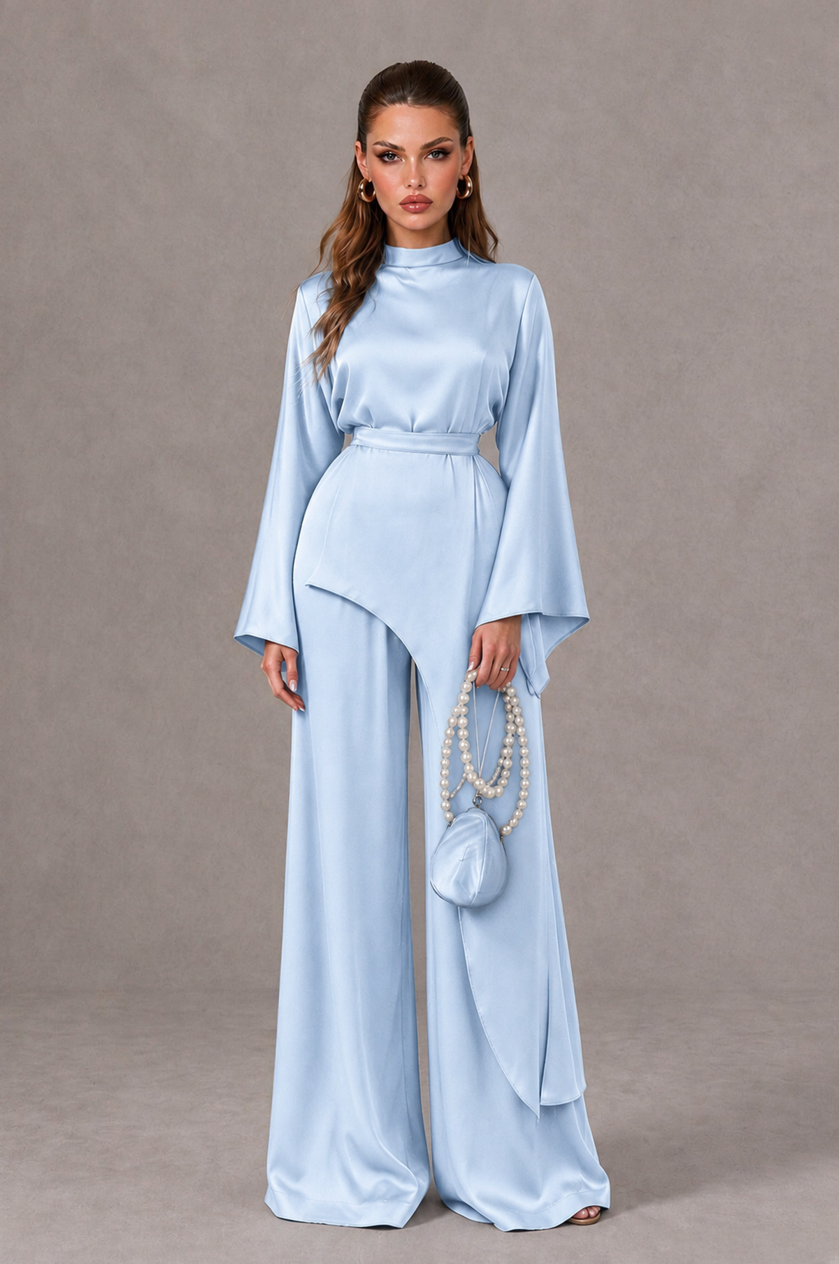 BOLODOO Light Blue Satin-Look Long Sleeve Wide-Leg Jumpsuit - Light Blue - Light Blue_01