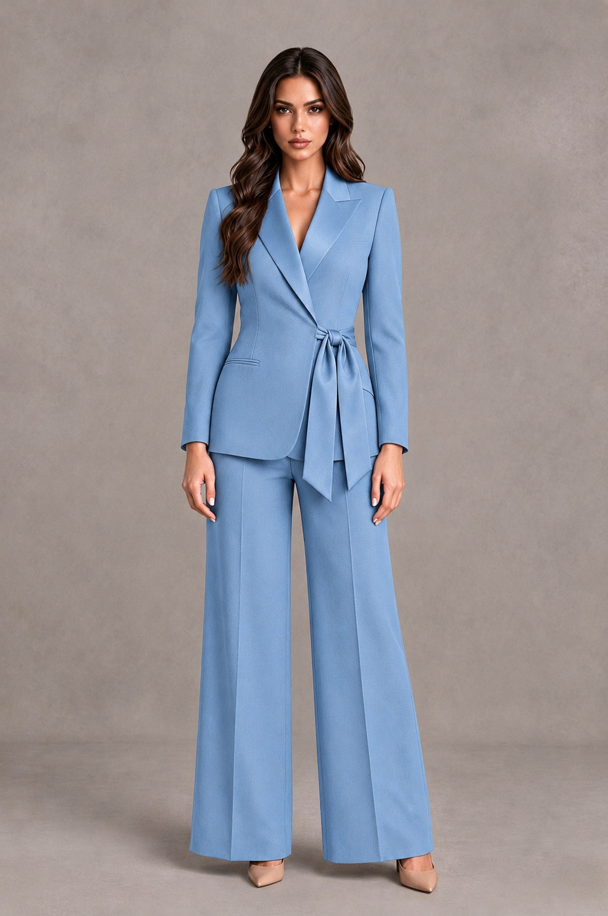 BOLODOO Light Blue Tie-Waist Blazer & Wide-Leg Pantsuit - Light Blue - Light Blue_01