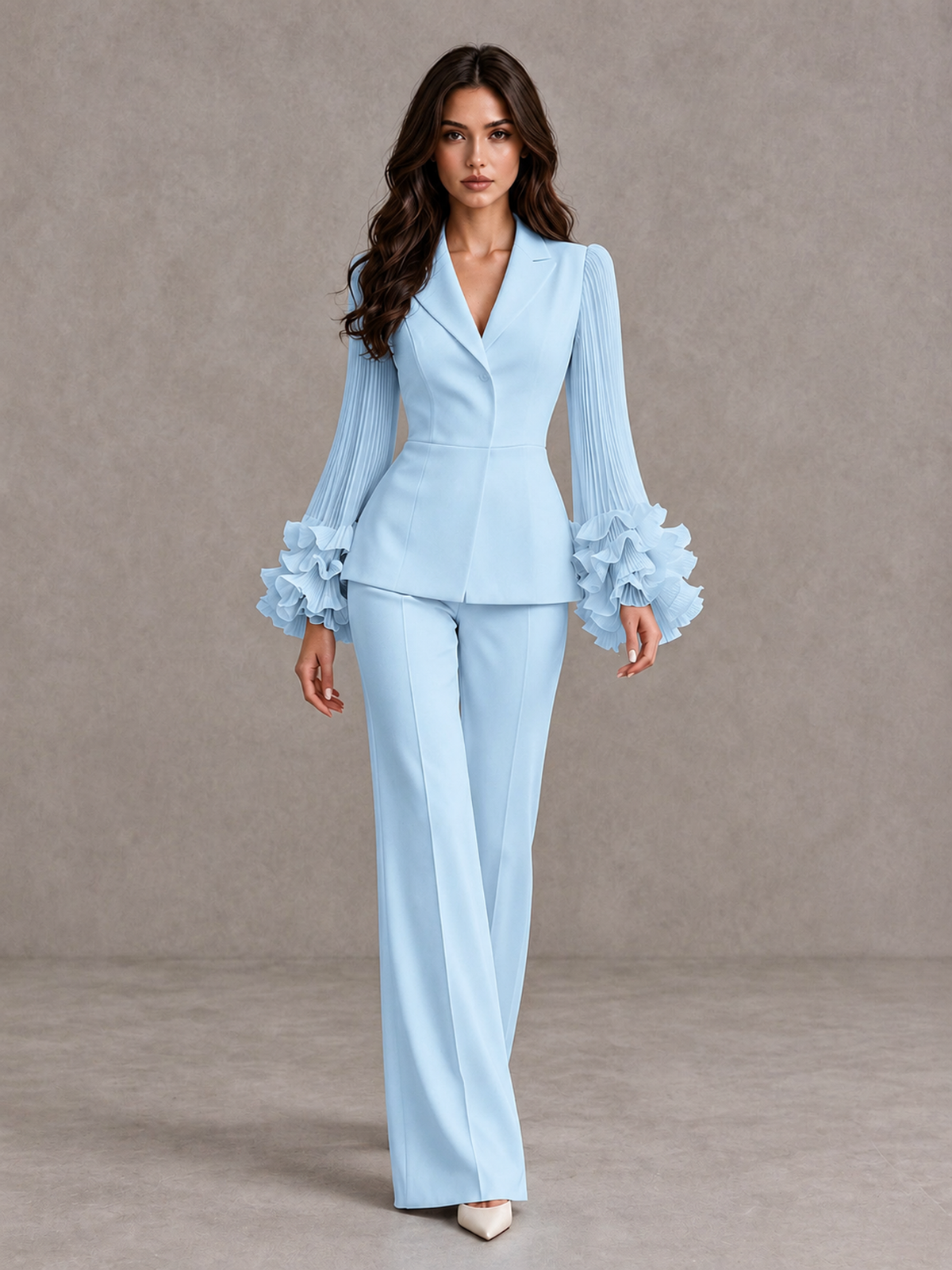 BOLODOO Light Blue Mother of the Bride Pant Suit – Pleated Long Sleeve Ruffle Cuff Wide Leg Trouser Suit - Light Blue - Light Blue_01