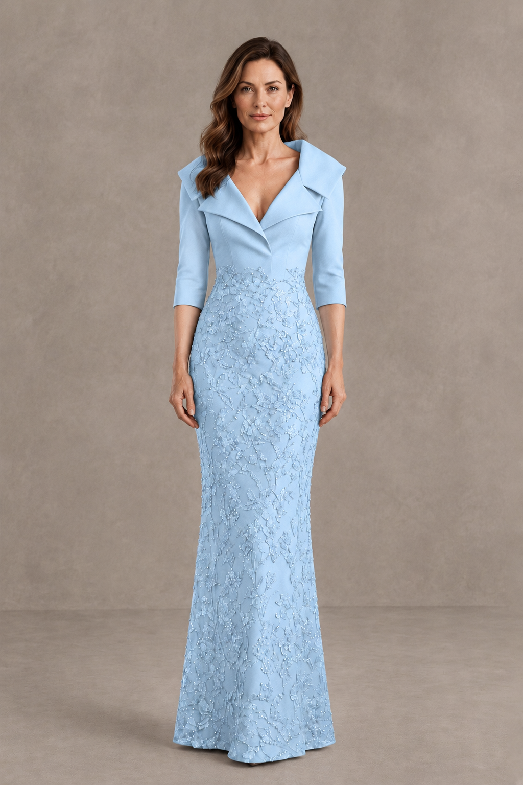 BOLODOO Light Blue Three-Quarter Sleeve Mermaid Evening Dress with Floral Detail - Light Blue - Light Blue_01