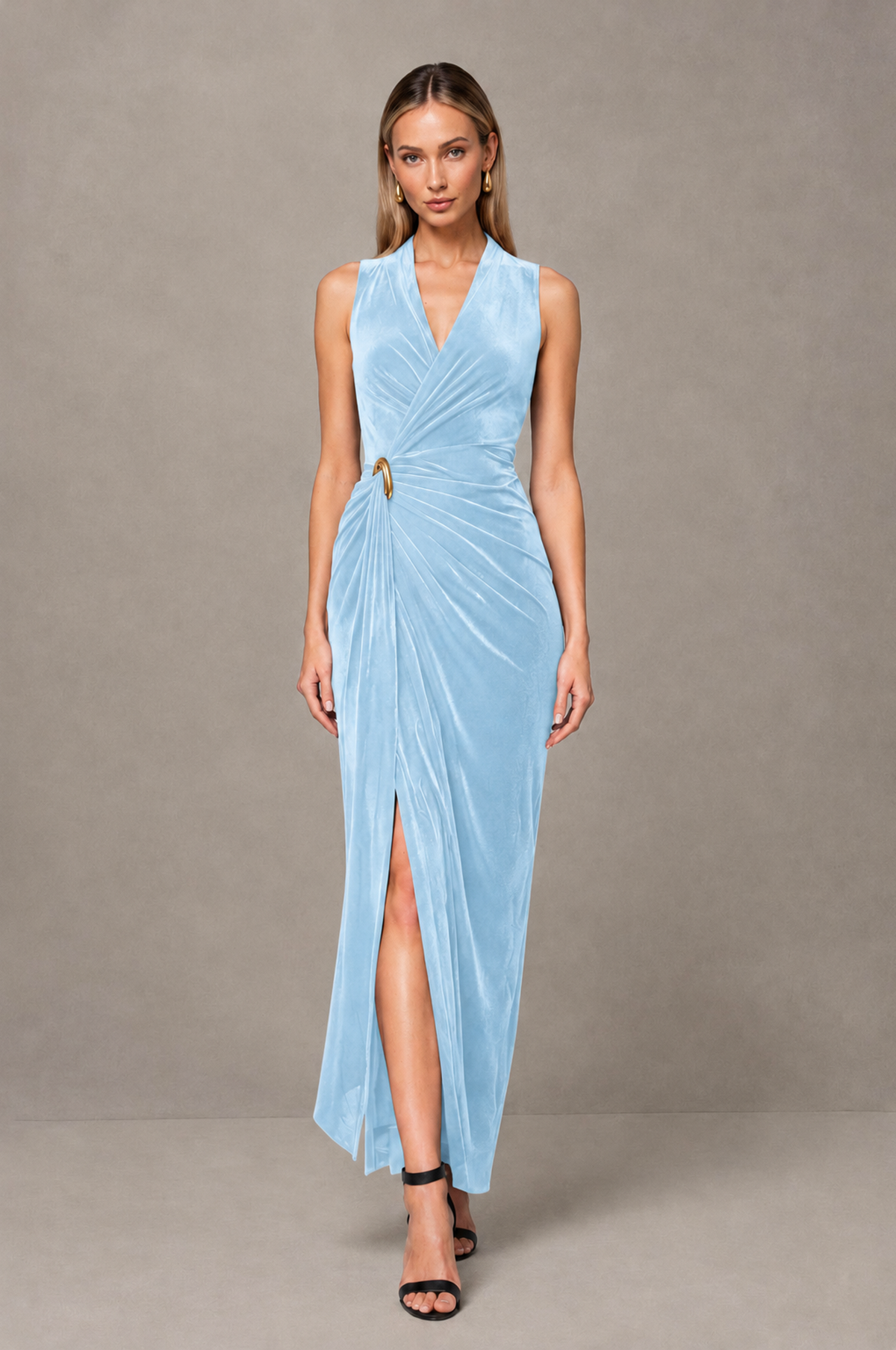 BOLODOO Light Blue Velvet-Look Sleeveless V-Neck Ruched Slit Maxi Dress - Light Blue - Light Blue_01
