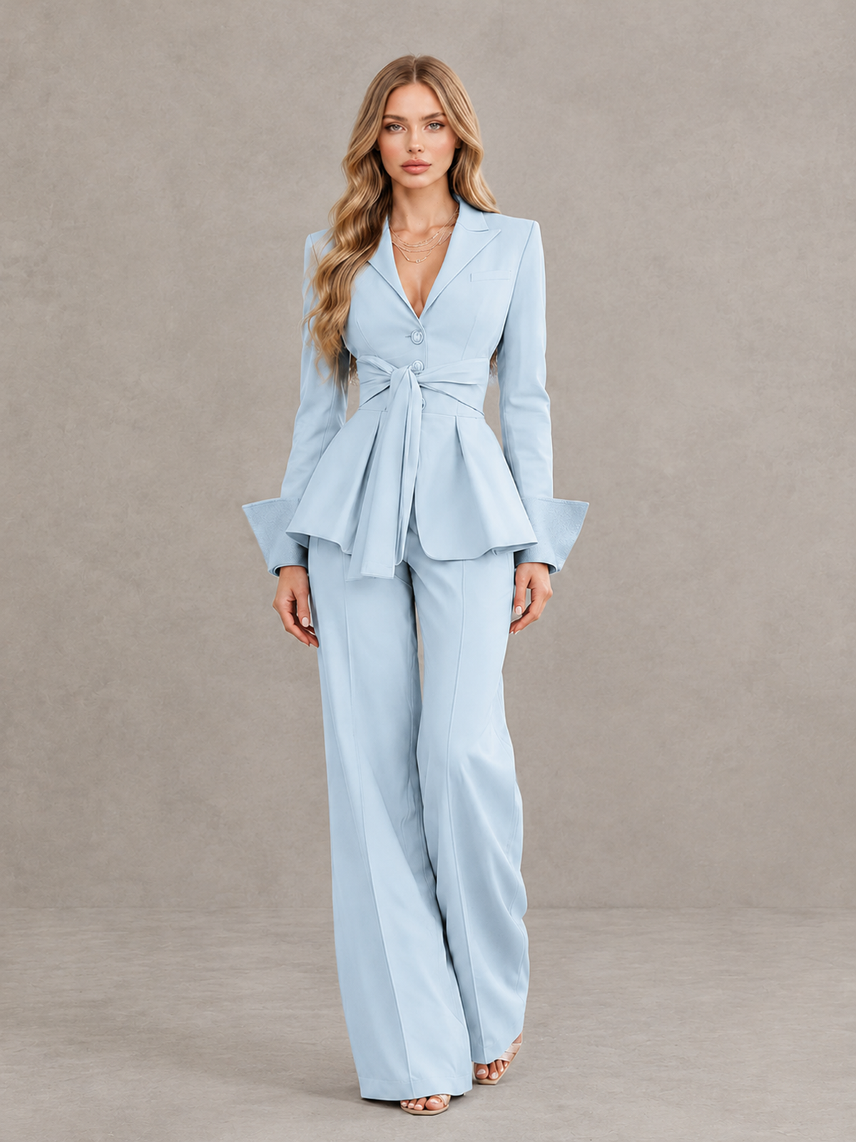 BOLODOO Light Blue Belted Peplum Pantsuit with Long Sleeves & Wide-Leg Trousers - Light Blue - Light Blue_01