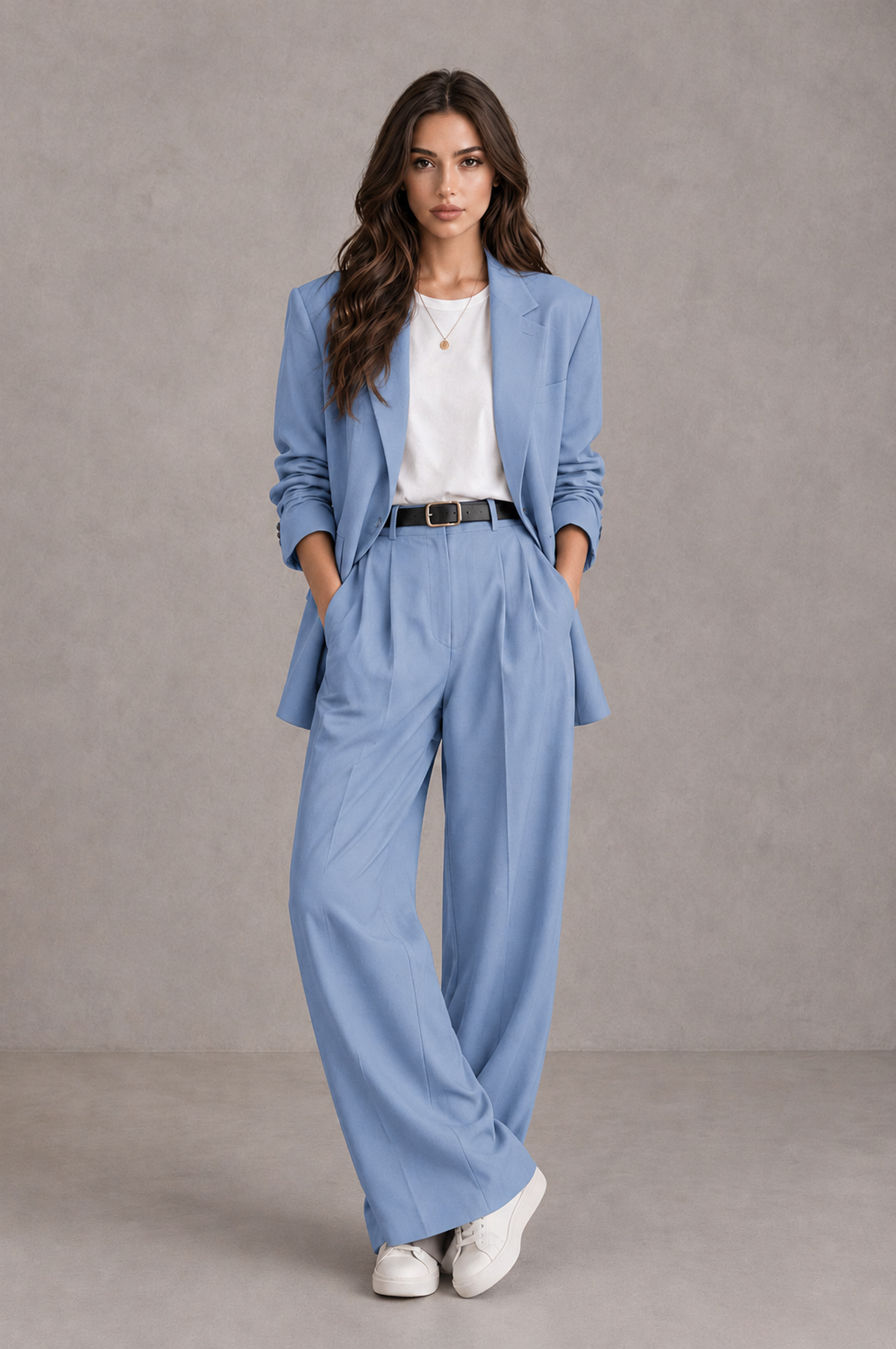 BOLODOO Light Blue Brown Blazer & Wide-Leg Pants Suit for Women - Light Blue - Light Blue_01