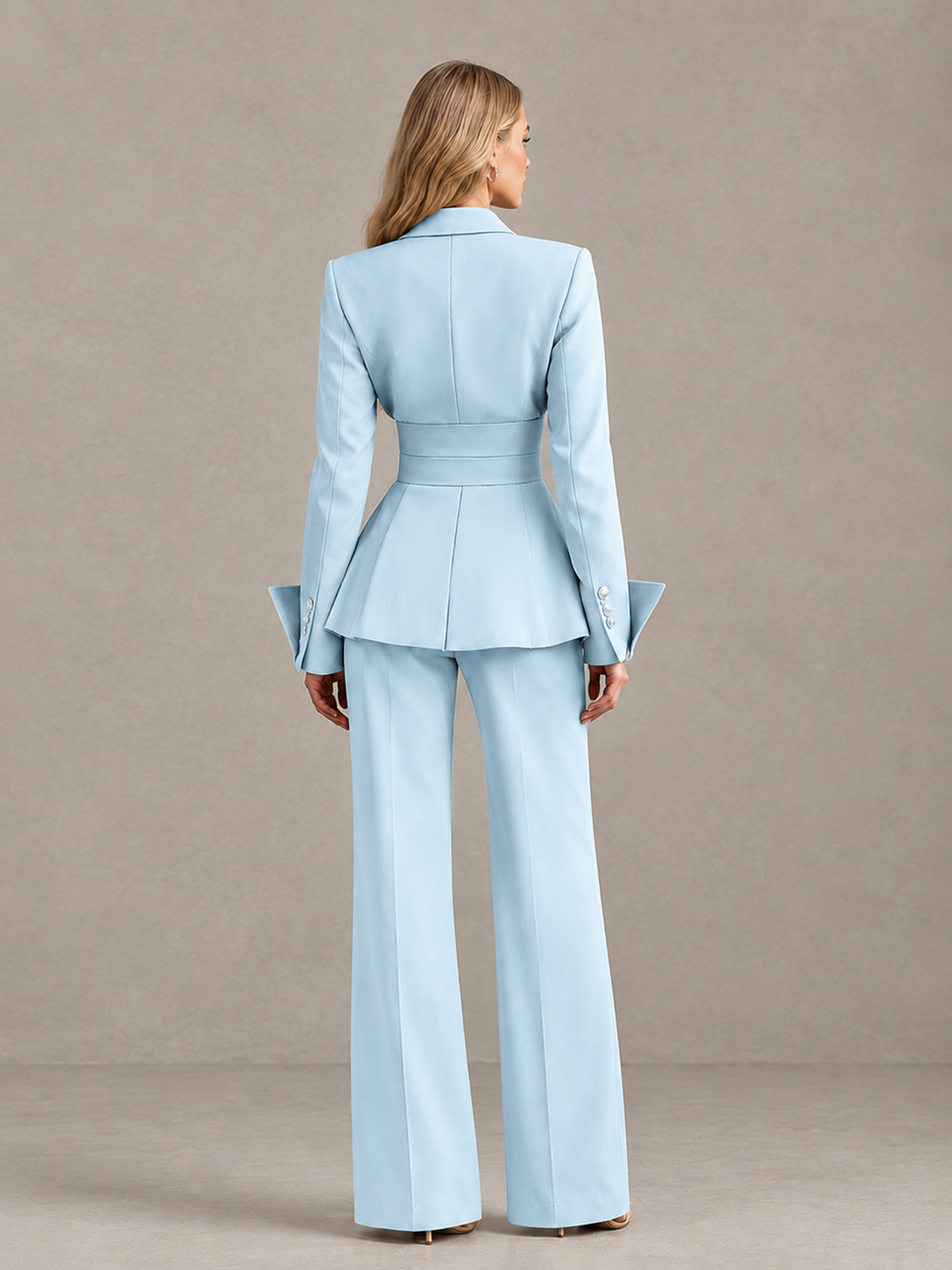BOLODOO Light Blue Belted Peplum Pantsuit with Long Sleeves & Wide-Leg Trousers - Light Blue - Light Blue_02