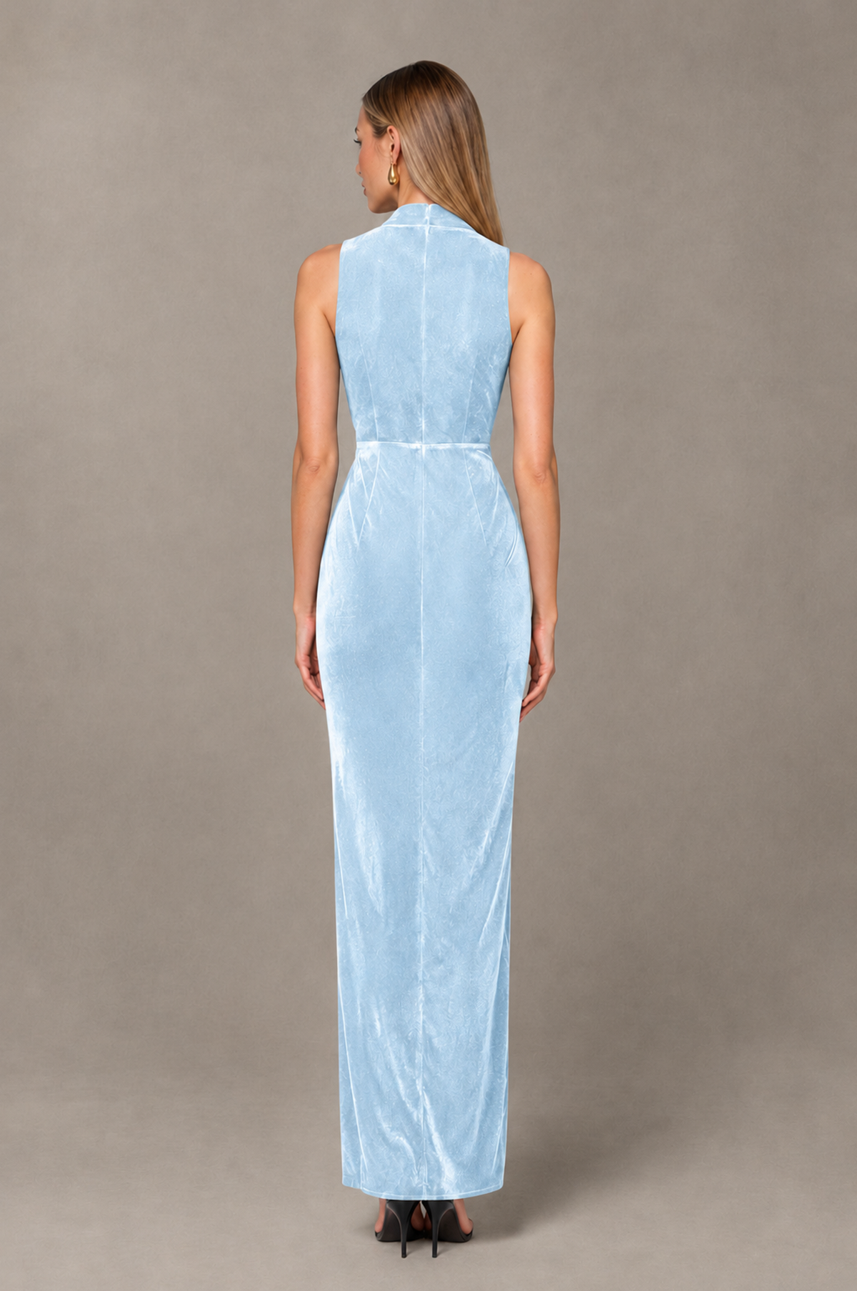 BOLODOO Light Blue Velvet-Look Sleeveless V-Neck Ruched Slit Maxi Dress - Light Blue - Light Blue_02