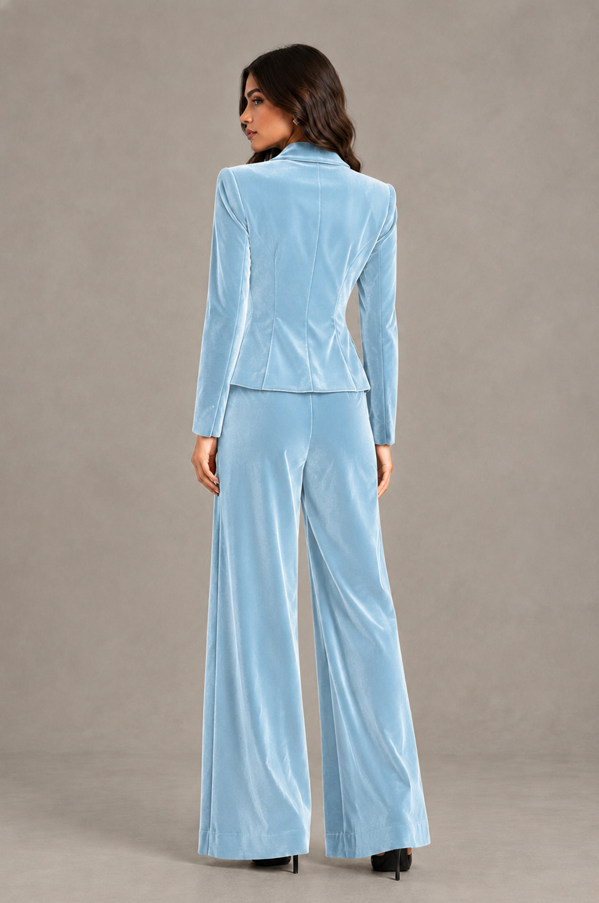 BOLODOO Light Blue Velvet Two-Piece Pantsuit with Long Sleeve Blazer & Wide-Leg Trousers - Light Blue - Light Blue_02