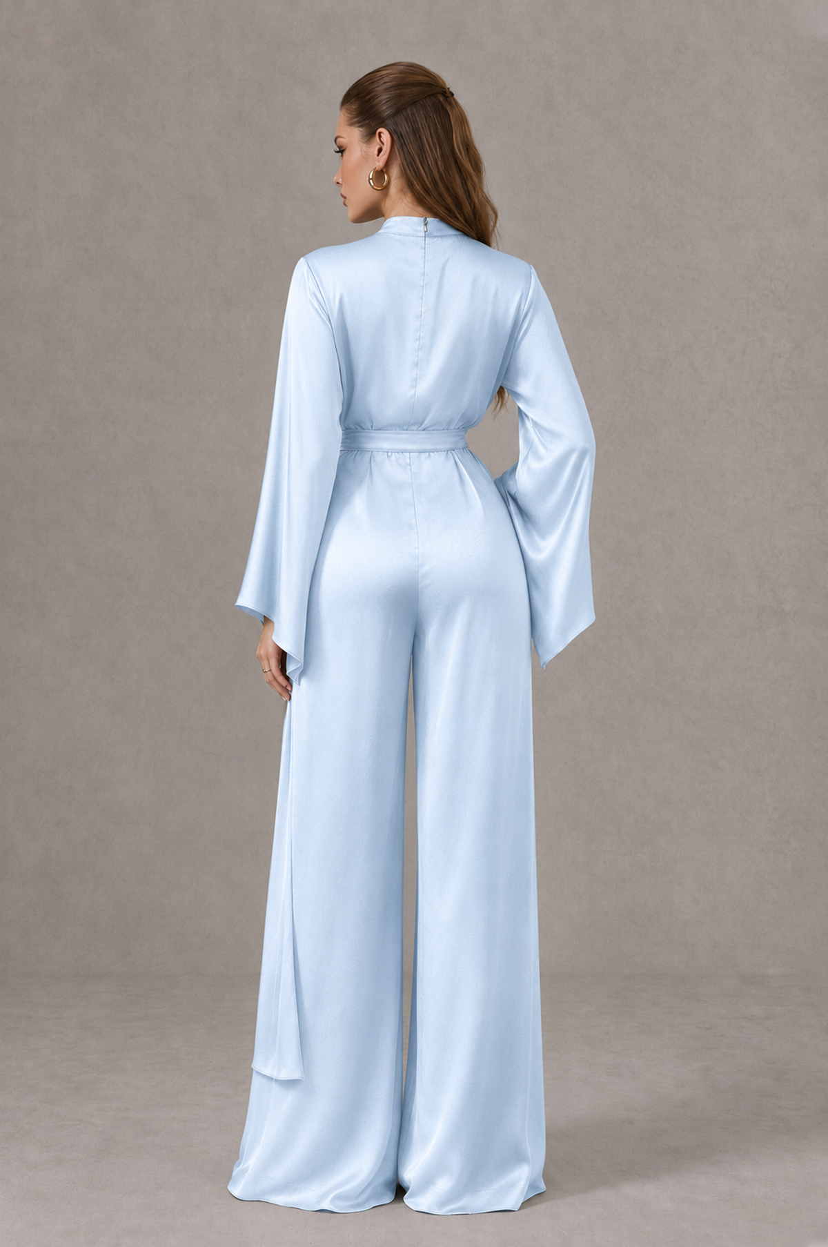 BOLODOO Light Blue Satin-Look Long Sleeve Wide-Leg Jumpsuit - Light Blue - Light Blue_02