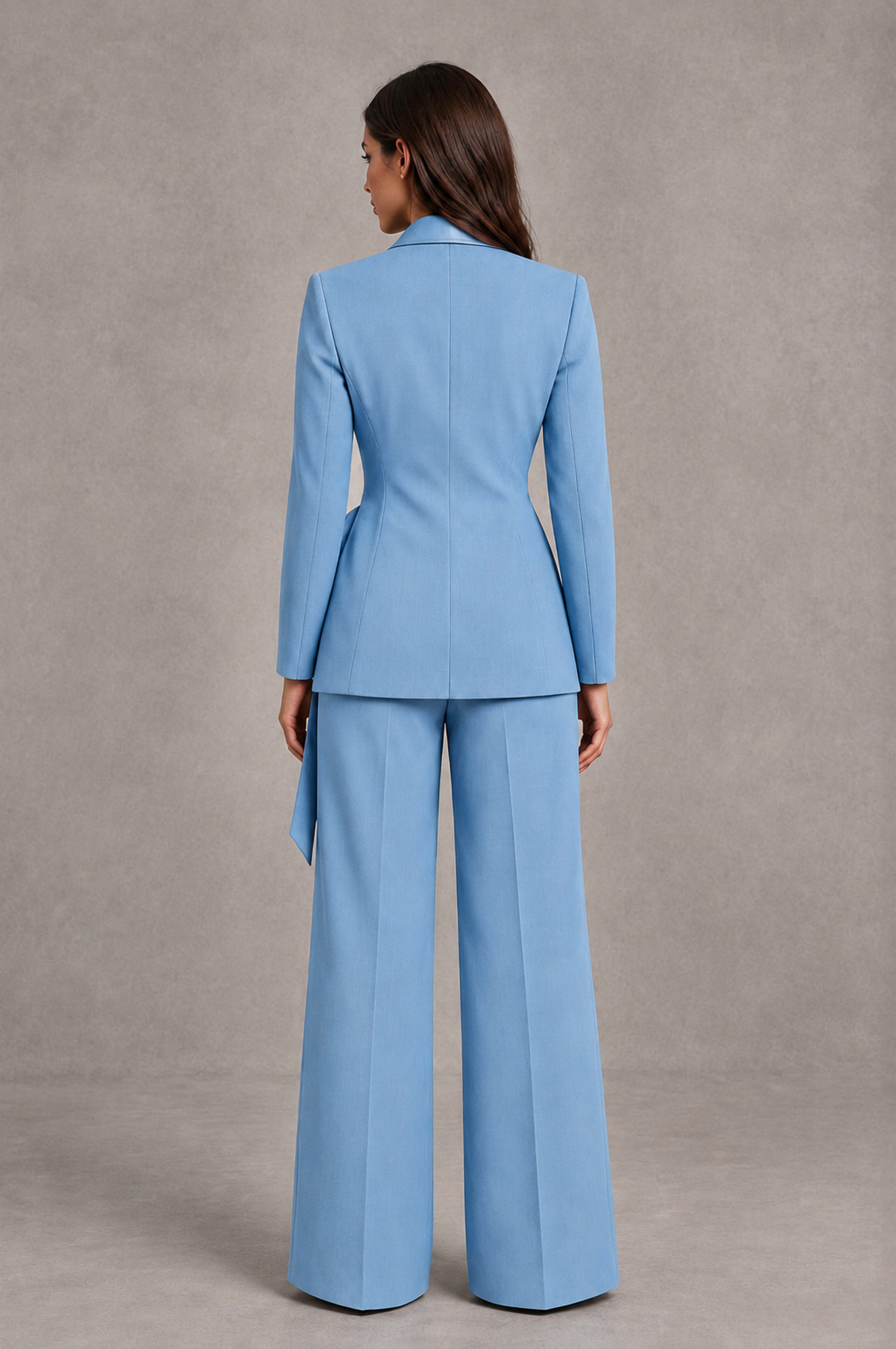 BOLODOO Light Blue Tie-Waist Blazer & Wide-Leg Pantsuit - Light Blue - Light Blue_02