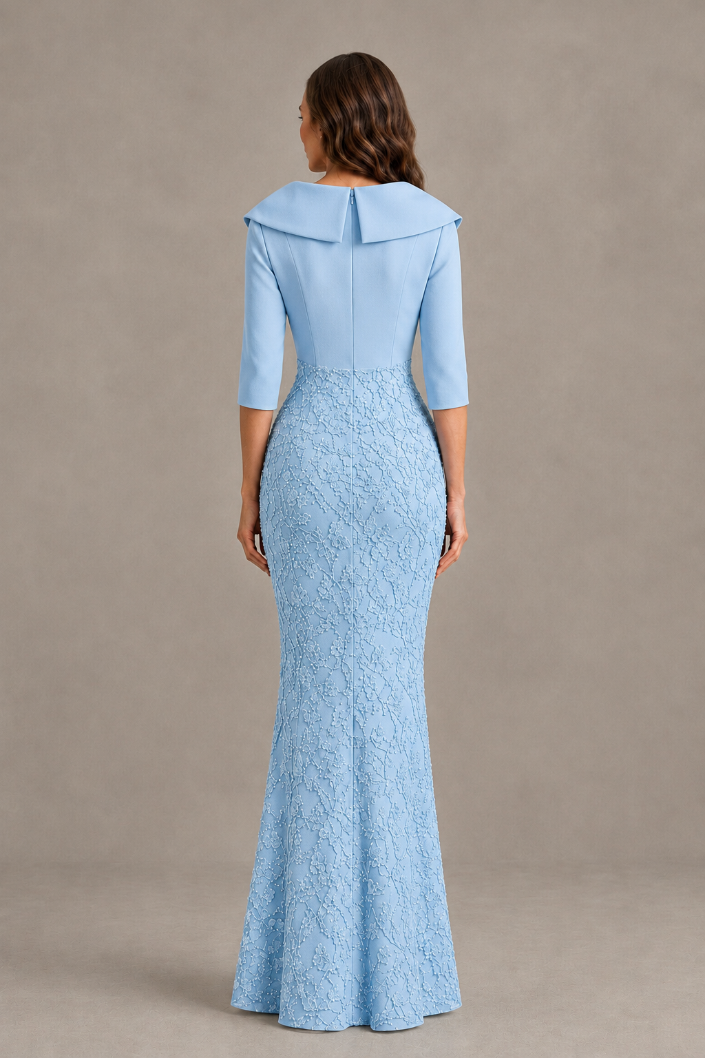 BOLODOO Light Blue Three-Quarter Sleeve Mermaid Evening Dress with Floral Detail - Light Blue - Light Blue_02