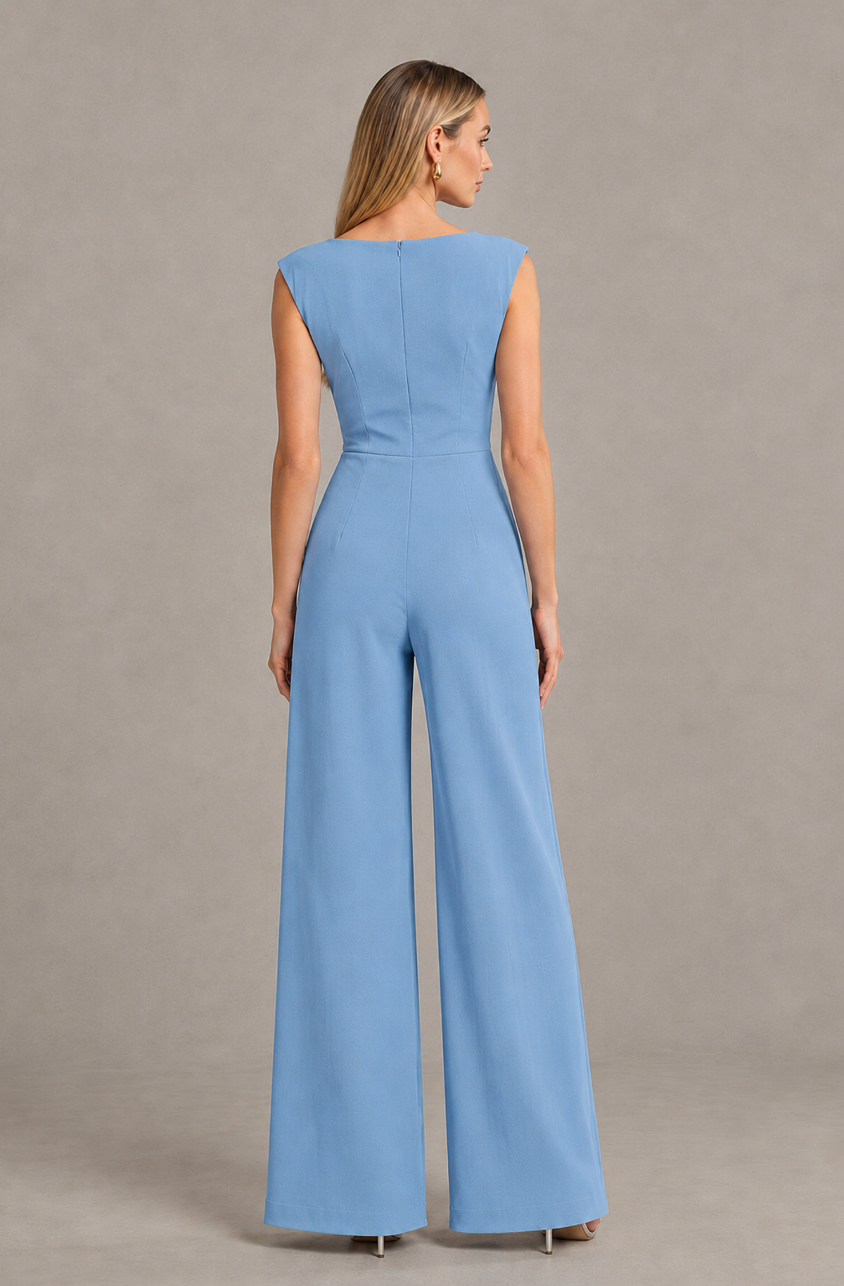 BOLODOO Light Blue Sleeveless V-Neck Wide-Leg Jumpsuit with Side Drape - Light Blue - Light Blue_02