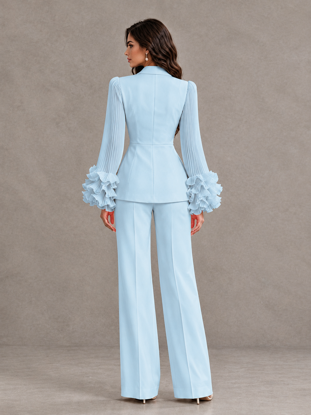 BOLODOO Light Blue Mother of the Bride Pant Suit – Pleated Long Sleeve Ruffle Cuff Wide Leg Trouser Suit - Light Blue - Light Blue_02