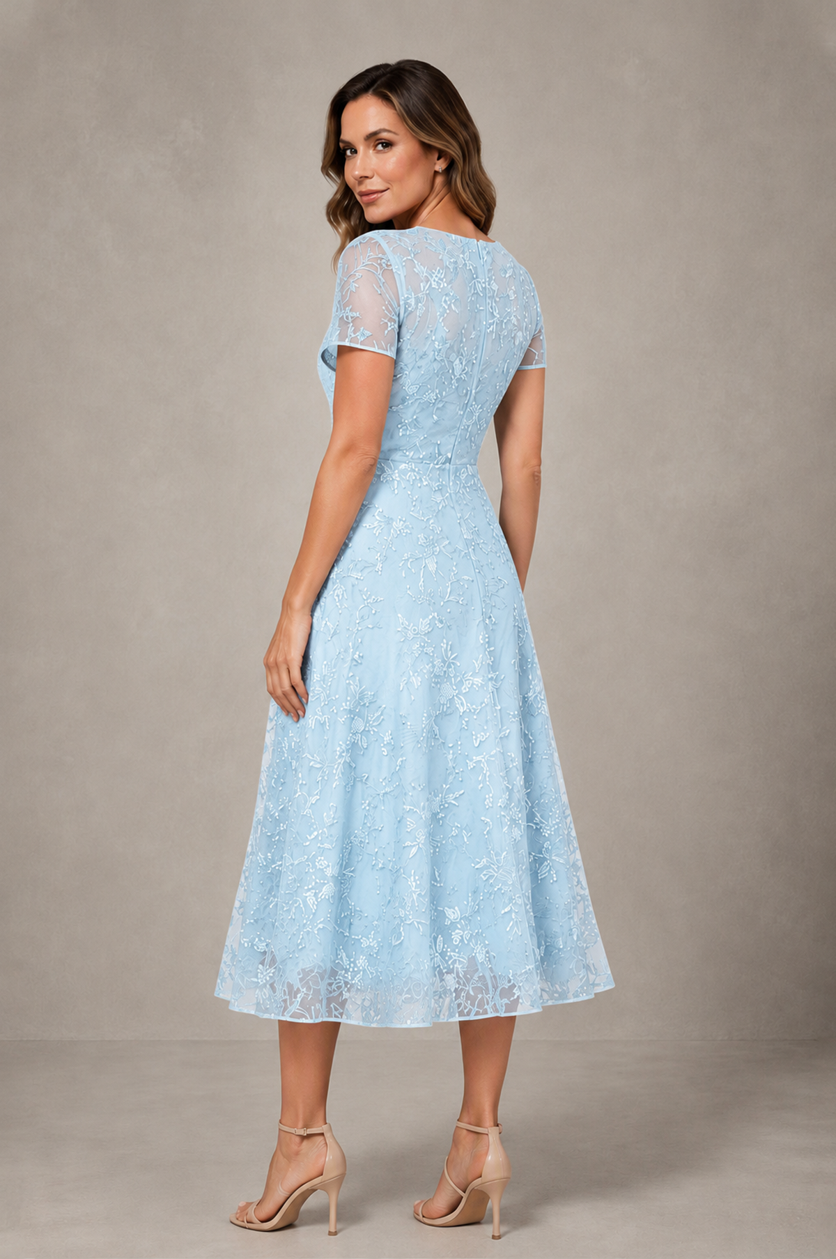 BOLODOO Light Blue Textured Floral A-Line Dress with Short Sleeves - Light Blue - Light Blue_02