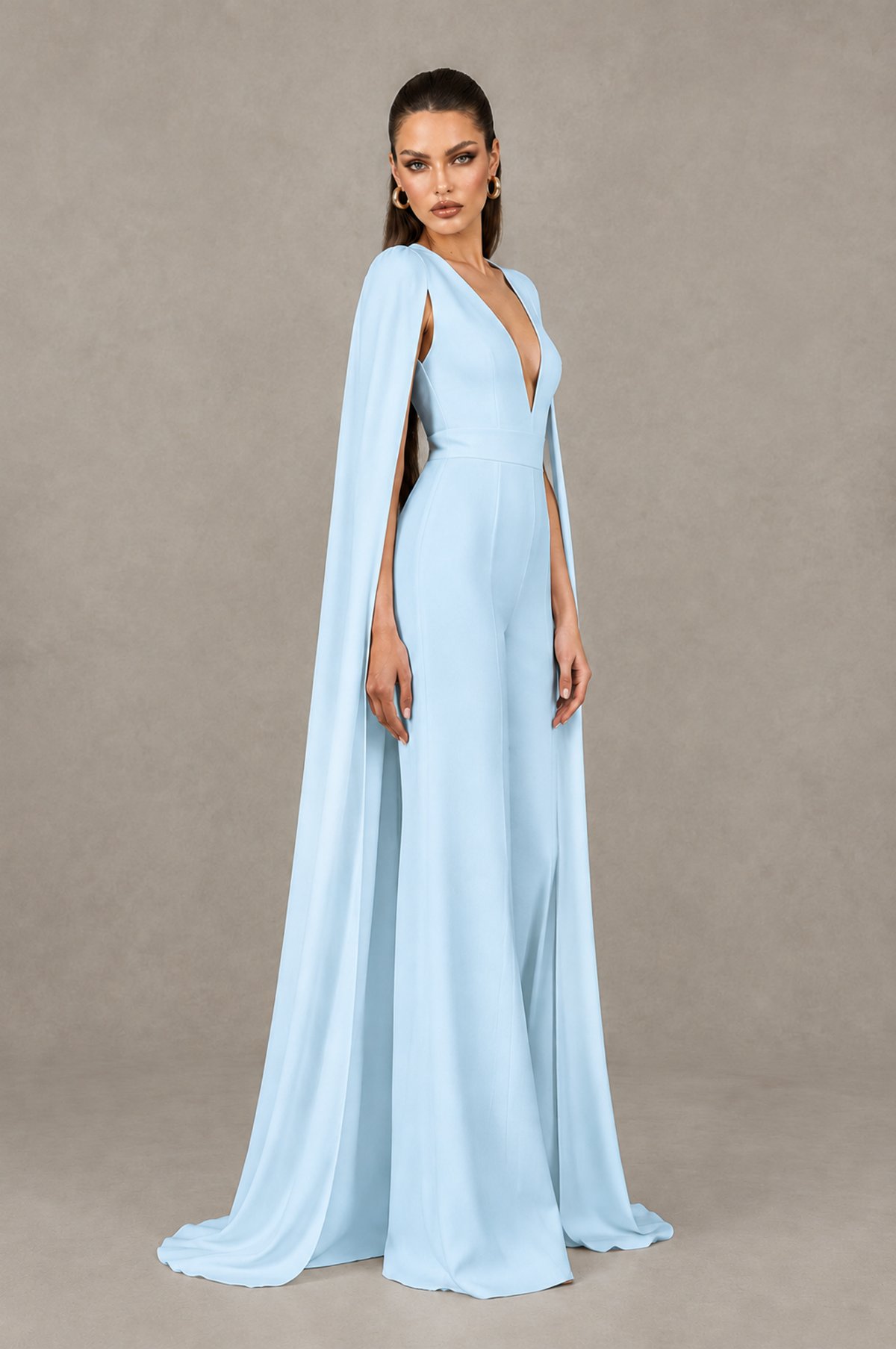 BOLODOO Light Blue Deep V-Neck Cape Sleeve Bridal Jumpsuit - Light Blue - Light Blue_03