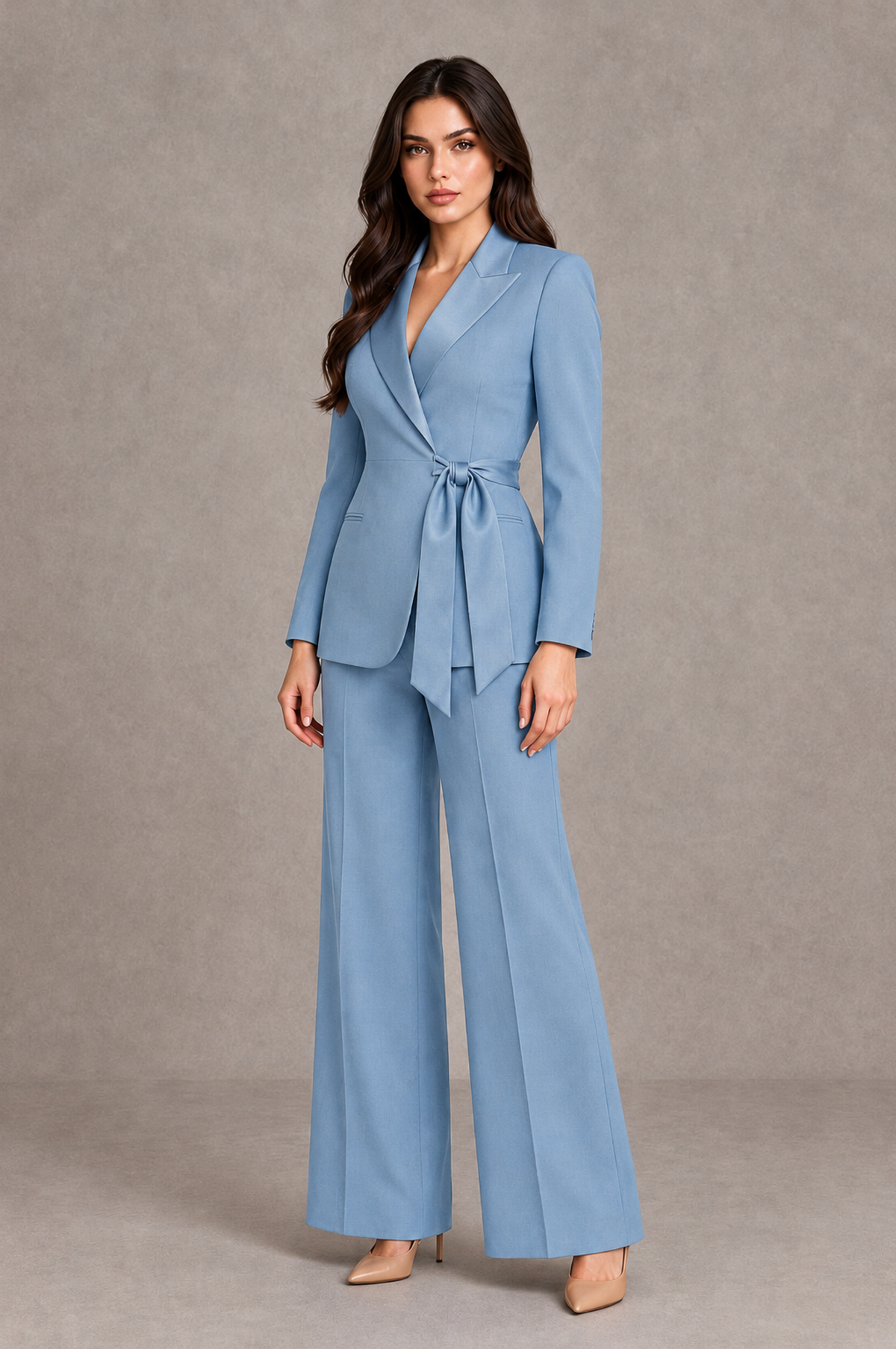 BOLODOO Light Blue Tie-Waist Blazer & Wide-Leg Pantsuit - Light Blue - Light Blue_03