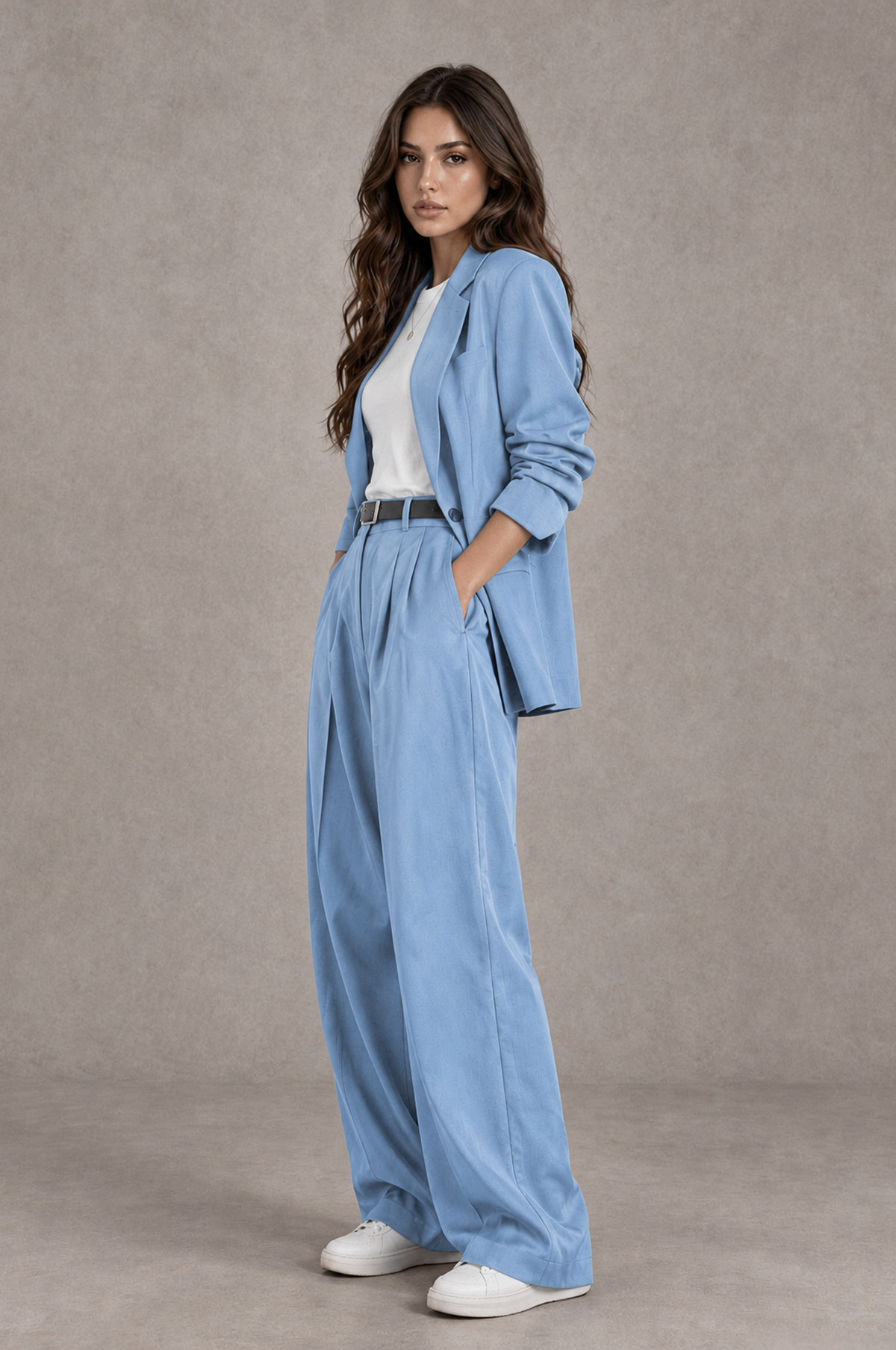BOLODOO Light Blue Brown Blazer & Wide-Leg Pants Suit for Women - Light Blue - Light Blue_03