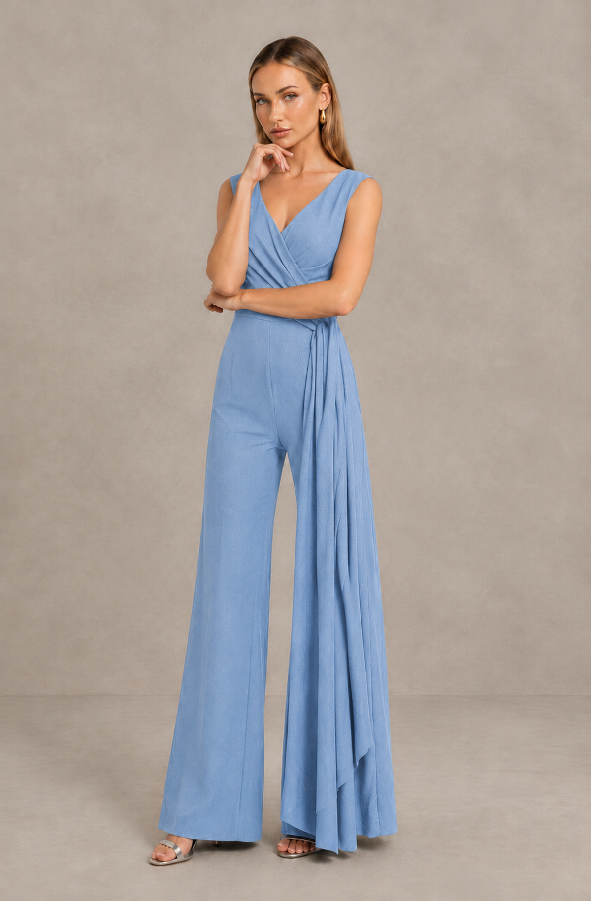 BOLODOO Light Blue Sleeveless V-Neck Wide-Leg Jumpsuit with Side Drape - Light Blue - Light Blue_03