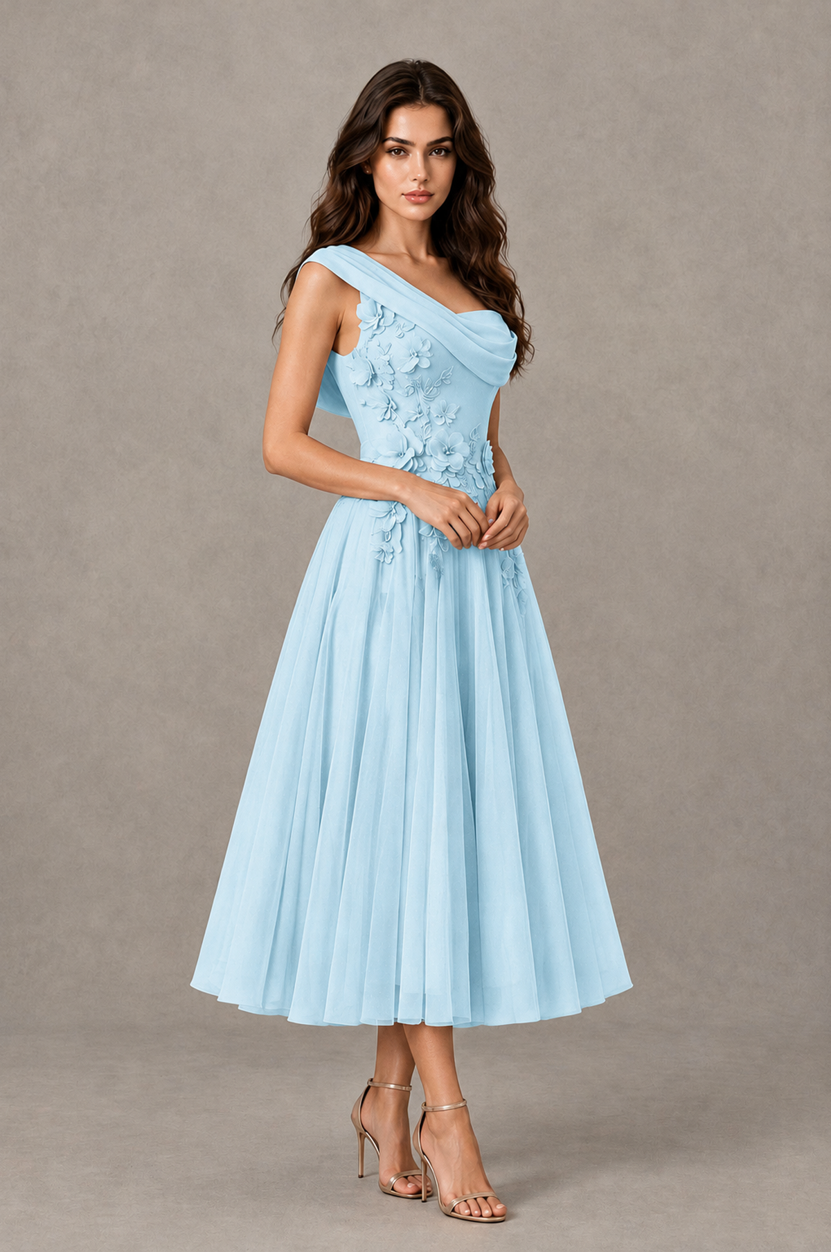BOLODOO Light Blue One-Shoulder Floral Tulle Tea-Length Dress - Light Blue - Light Blue_03