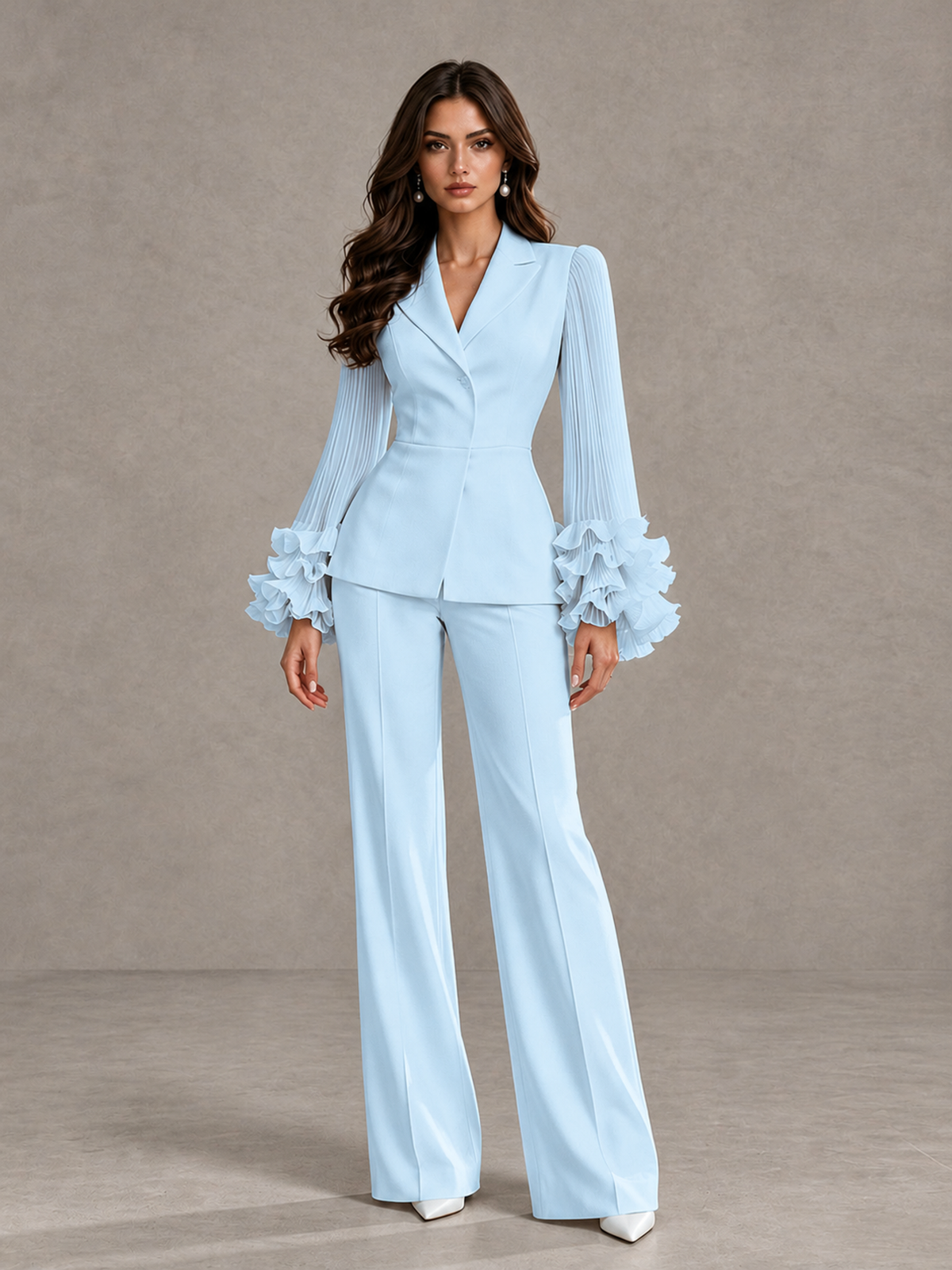 BOLODOO Light Blue Mother of the Bride Pant Suit – Pleated Long Sleeve Ruffle Cuff Wide Leg Trouser Suit - Light Blue - Light Blue_03