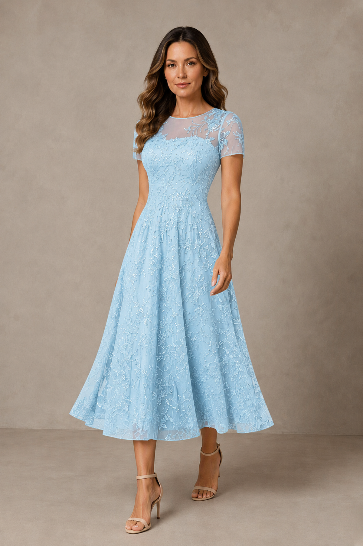 BOLODOO Light Blue Textured Floral A-Line Dress with Short Sleeves - Light Blue - Light Blue_03