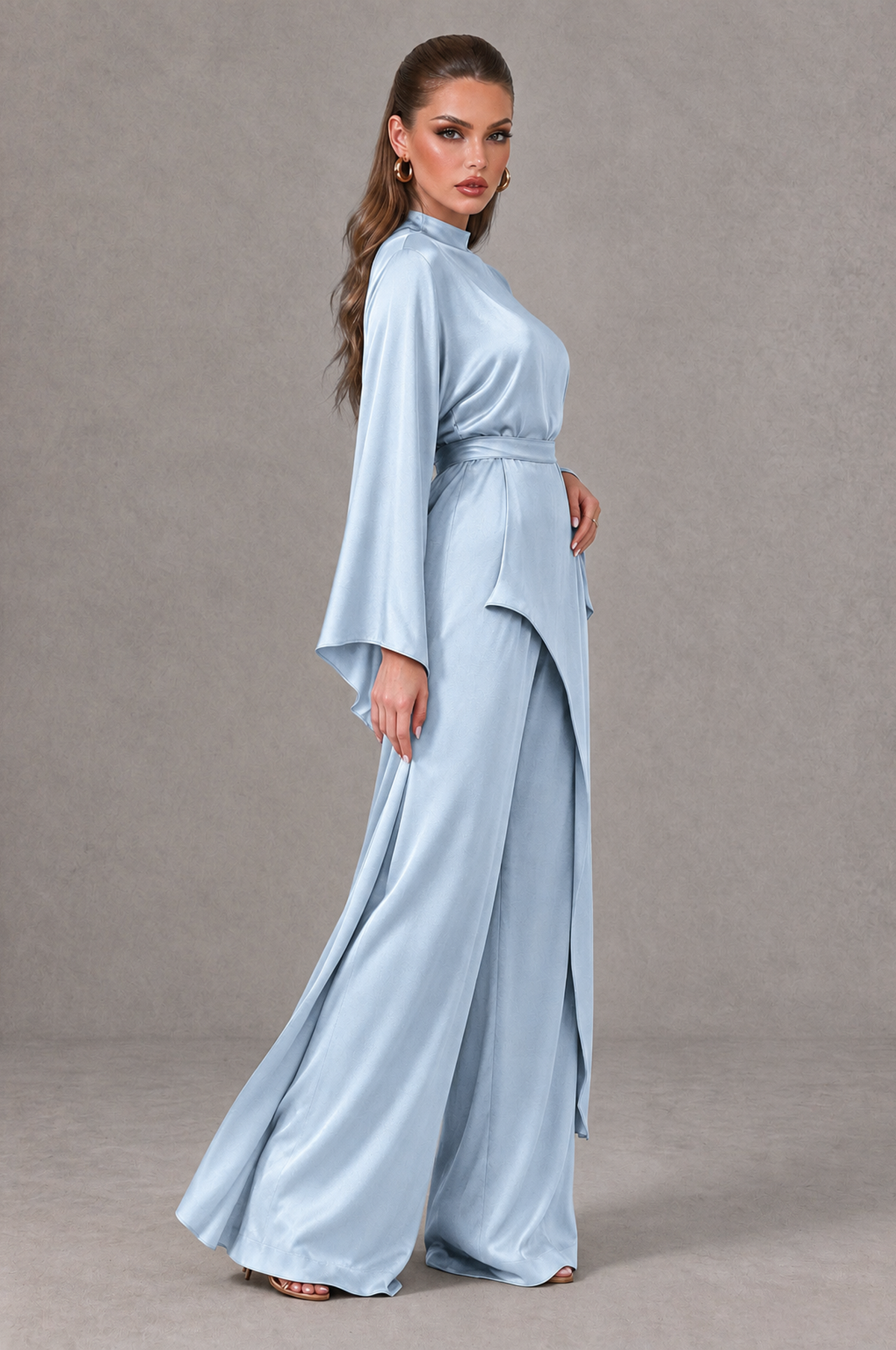 BOLODOO Light Blue Satin-Look Long Sleeve Wide-Leg Jumpsuit - Light Blue - Light Blue_03