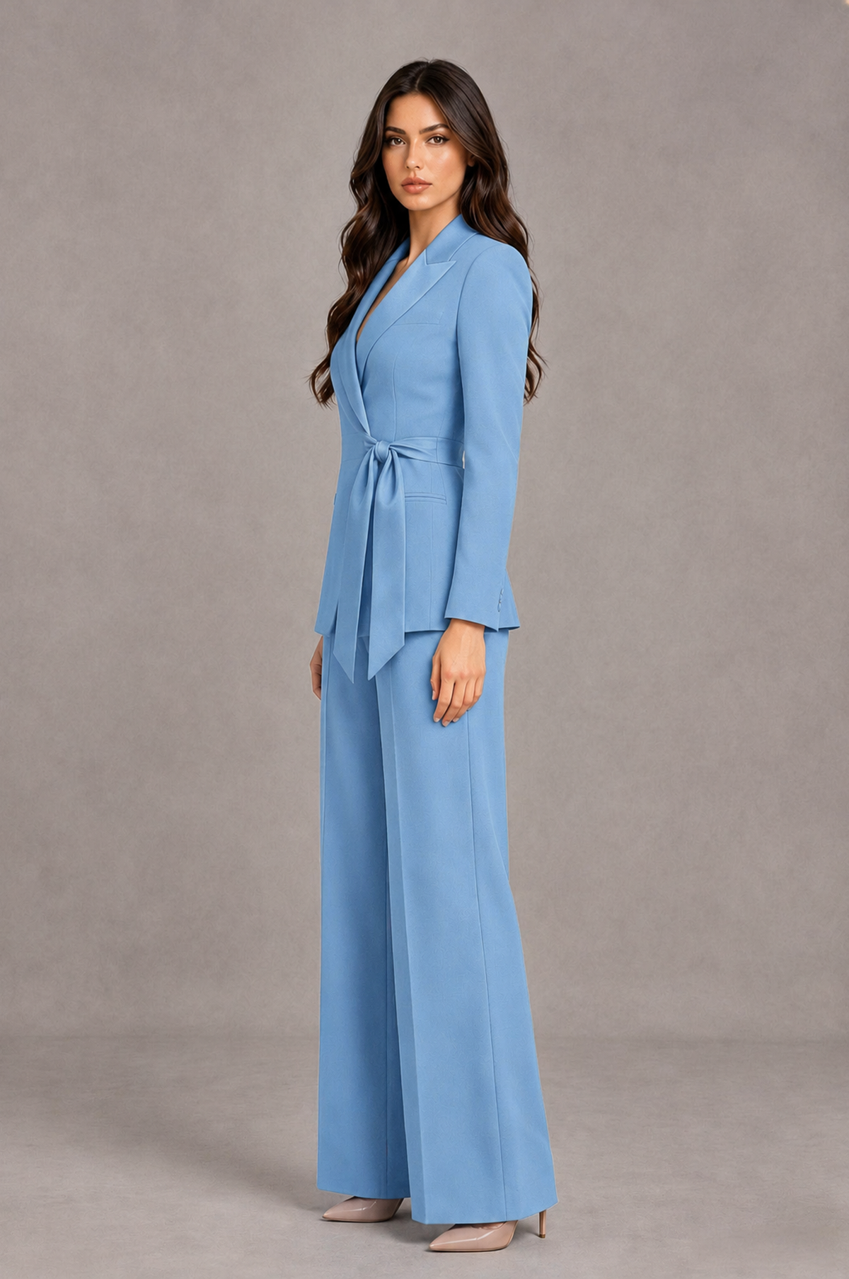 BOLODOO Light Blue Tie-Waist Blazer & Wide-Leg Pantsuit - Light Blue - Light Blue_04