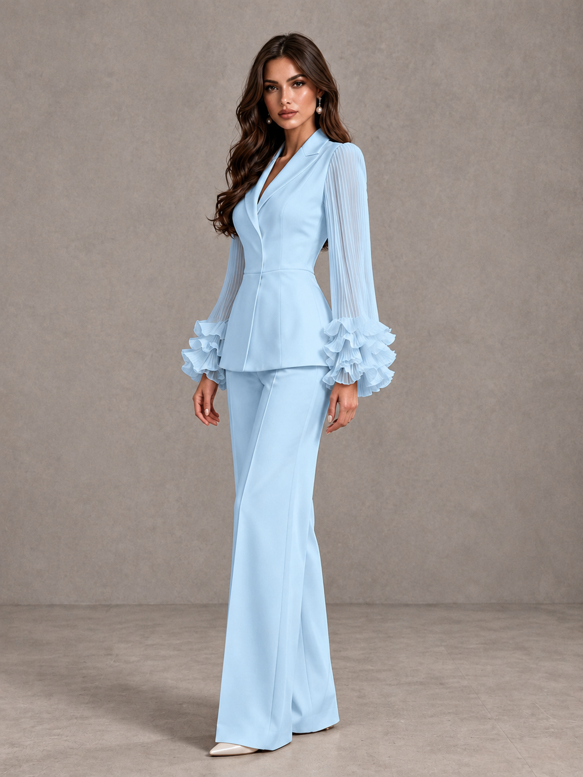 BOLODOO Light Blue Mother of the Bride Pant Suit – Pleated Long Sleeve Ruffle Cuff Wide Leg Trouser Suit - Light Blue - Light Blue_04