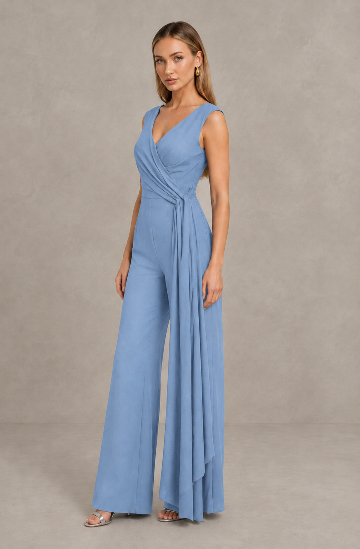 BOLODOO Light Blue Sleeveless V-Neck Wide-Leg Jumpsuit with Side Drape - Light Blue - Light Blue_04