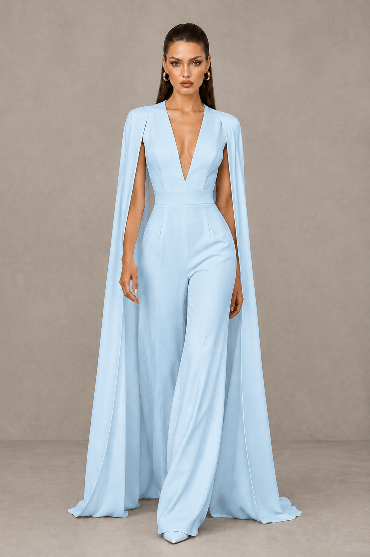 BOLODOO Light Blue Deep V-Neck Cape Sleeve Bridal Jumpsuit - Light Blue - Light Blue_04