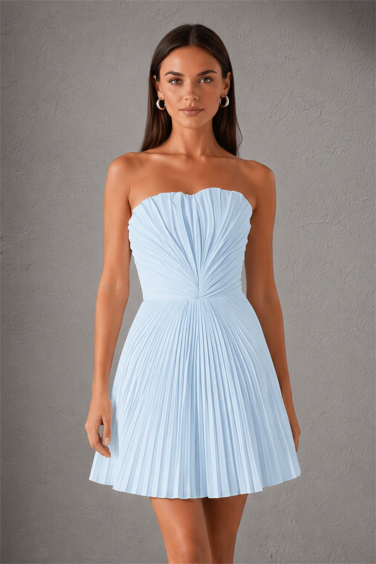 BOLODOO Light Blue Strapless Sweetheart Pleated Corset Mini Dress with Lace-Up Back - Light Blue
