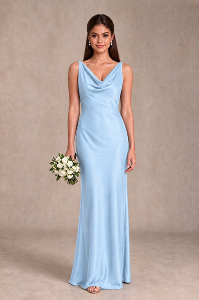 BOLODOO Light Blue Cowl Neck Open Back Satin Bridesmaid Dress - Light Blue - Light Blue_1