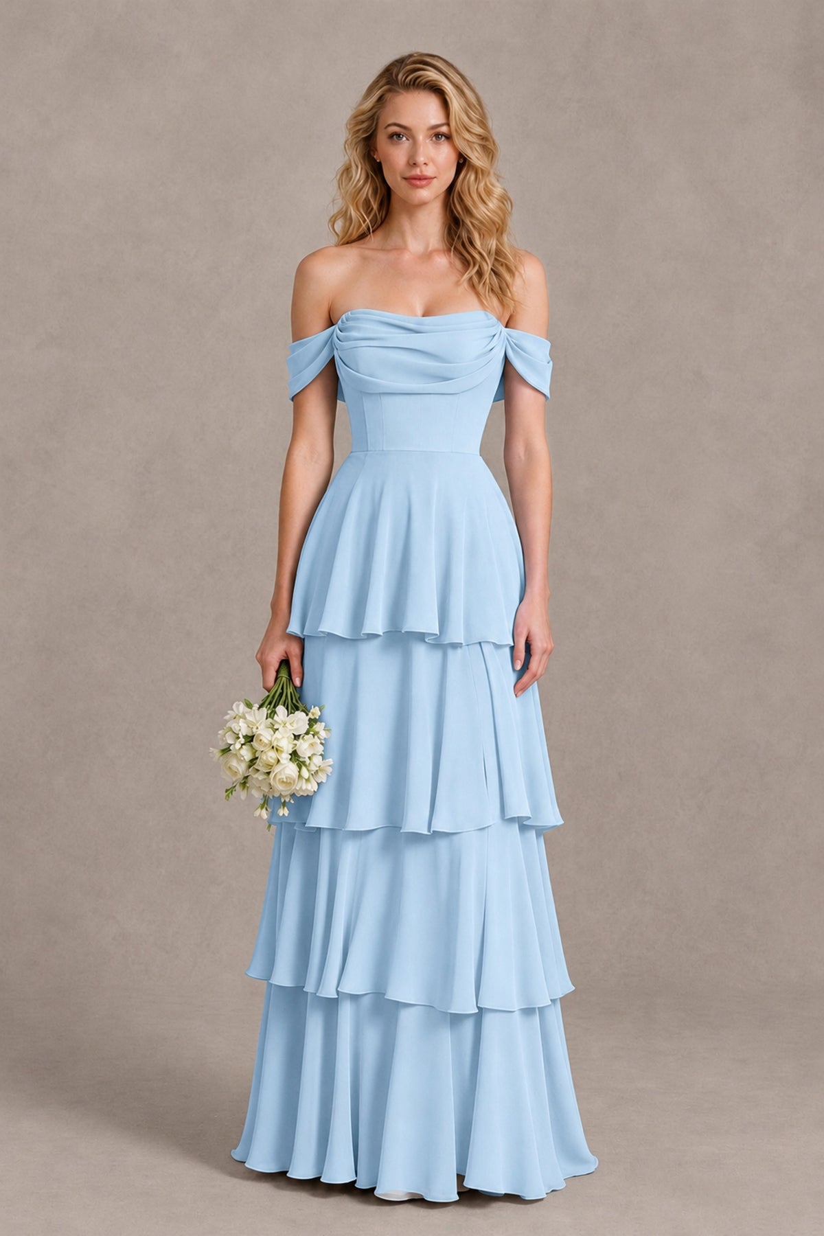 BOLODOO Light Blue Off-the-Shoulder Tiered A-Line Evening Bridesmaid Dress - Light Blue - Light Blue_1