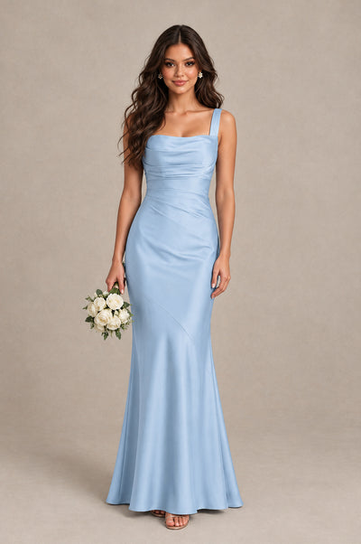 BOLODOO Light Blue Square Neck Ruched Satin Lace-Up Bridesmaid Dress - Light Blue - Light_Blue_1