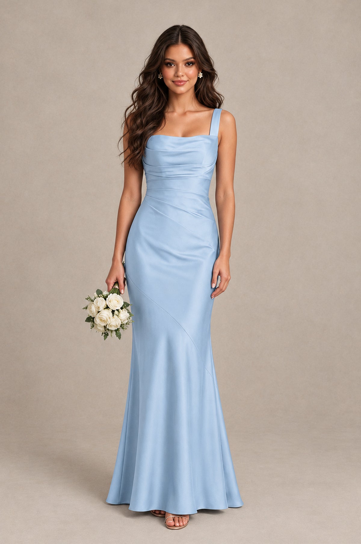 BOLODOO Light Blue Square Neck Ruched Satin Lace-Up Bridesmaid Dress - Light Blue - Light_Blue_1