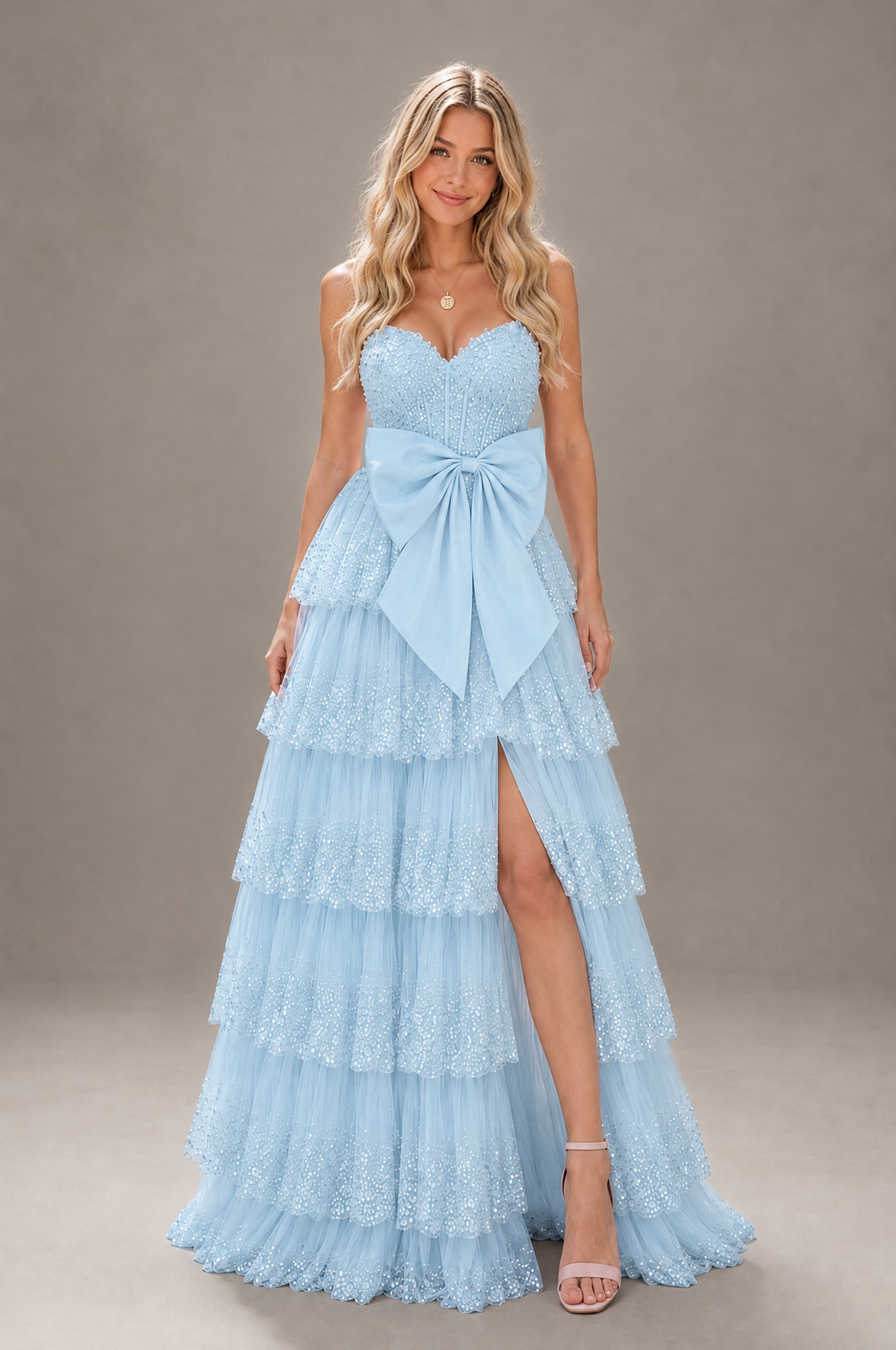 BOLODOO Light Blue Strapless Tiered Tulle Prom Dress with Bow - Light Blue - Light_Blue_1