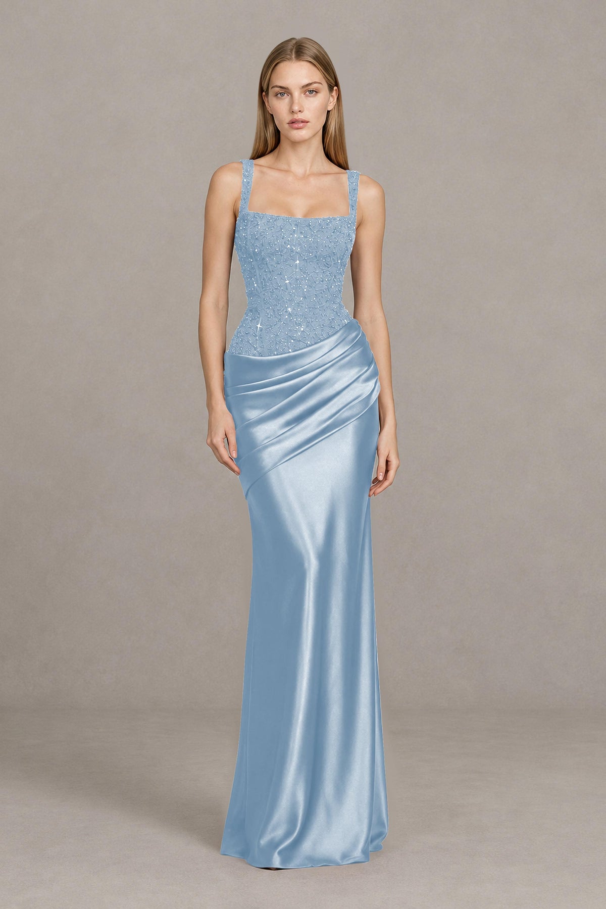 BOLODOO Light Blue Square Neck Embellished Satin Evening Gown - Light Blue