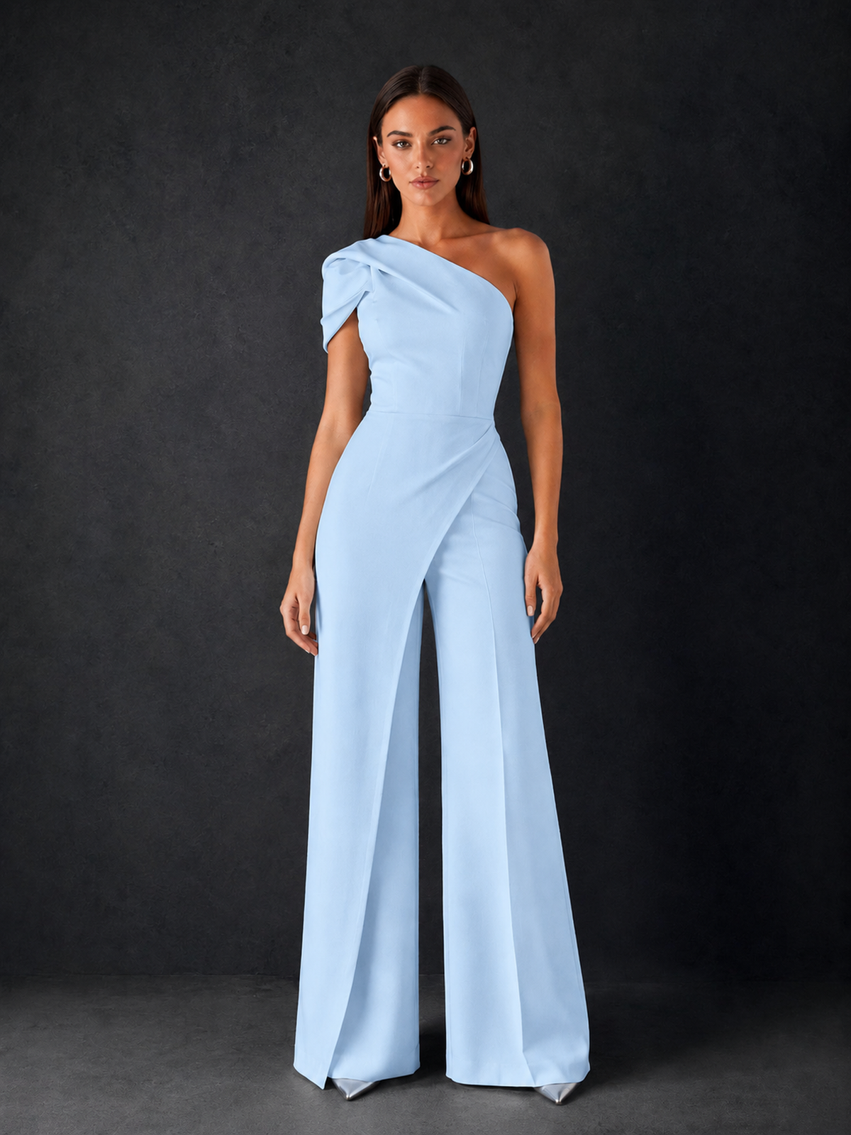 BOLODOO Light Blue One-Shoulder Puff Sleeve Wide-Leg Jumpsuit with Front Slit and Open Back - Light Blue
