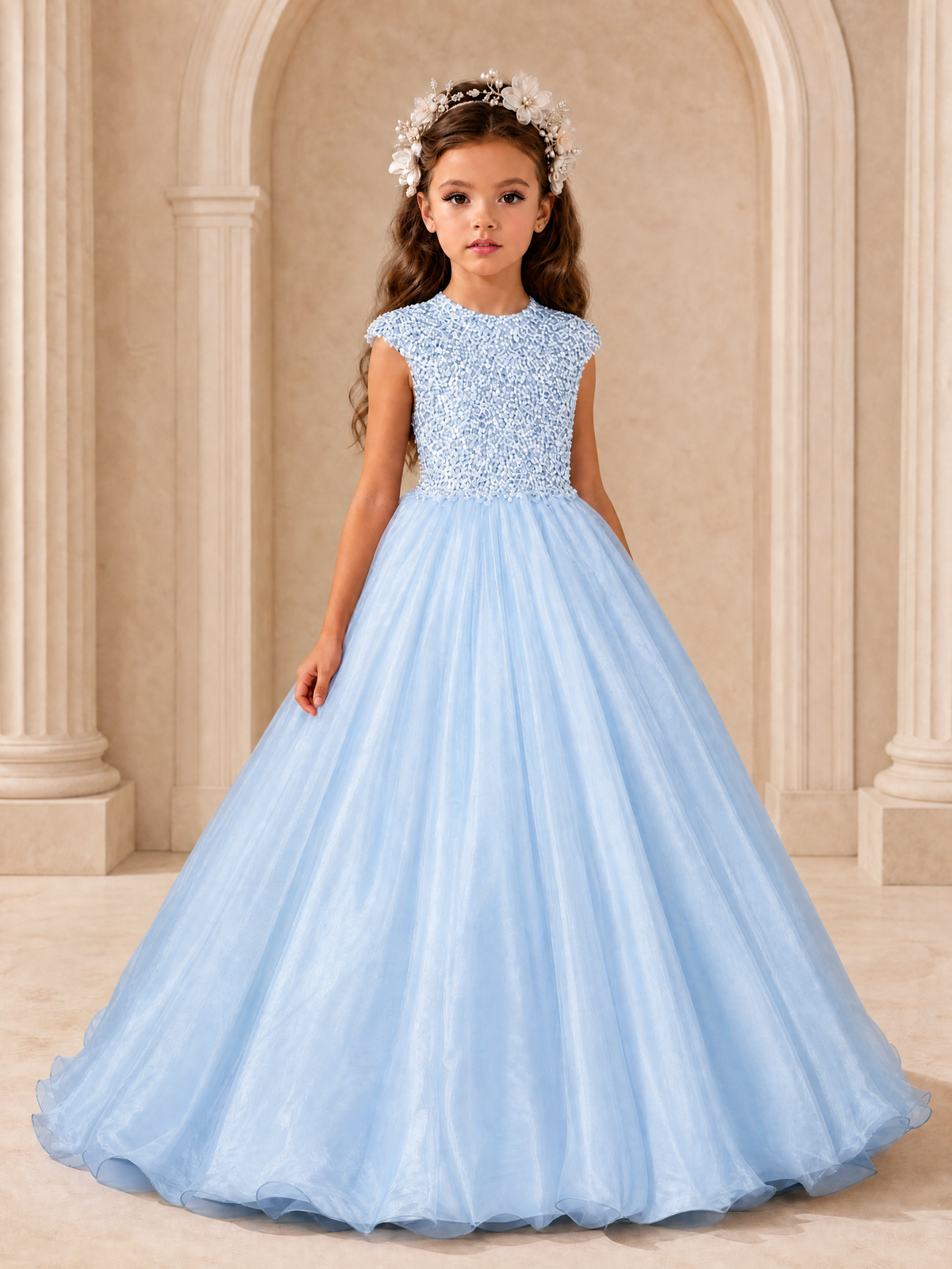 BOLODOO Light Blue Sequin Tulle Flower Girl Dress with Cap Sleeves - Light Blue - Light Blue_1